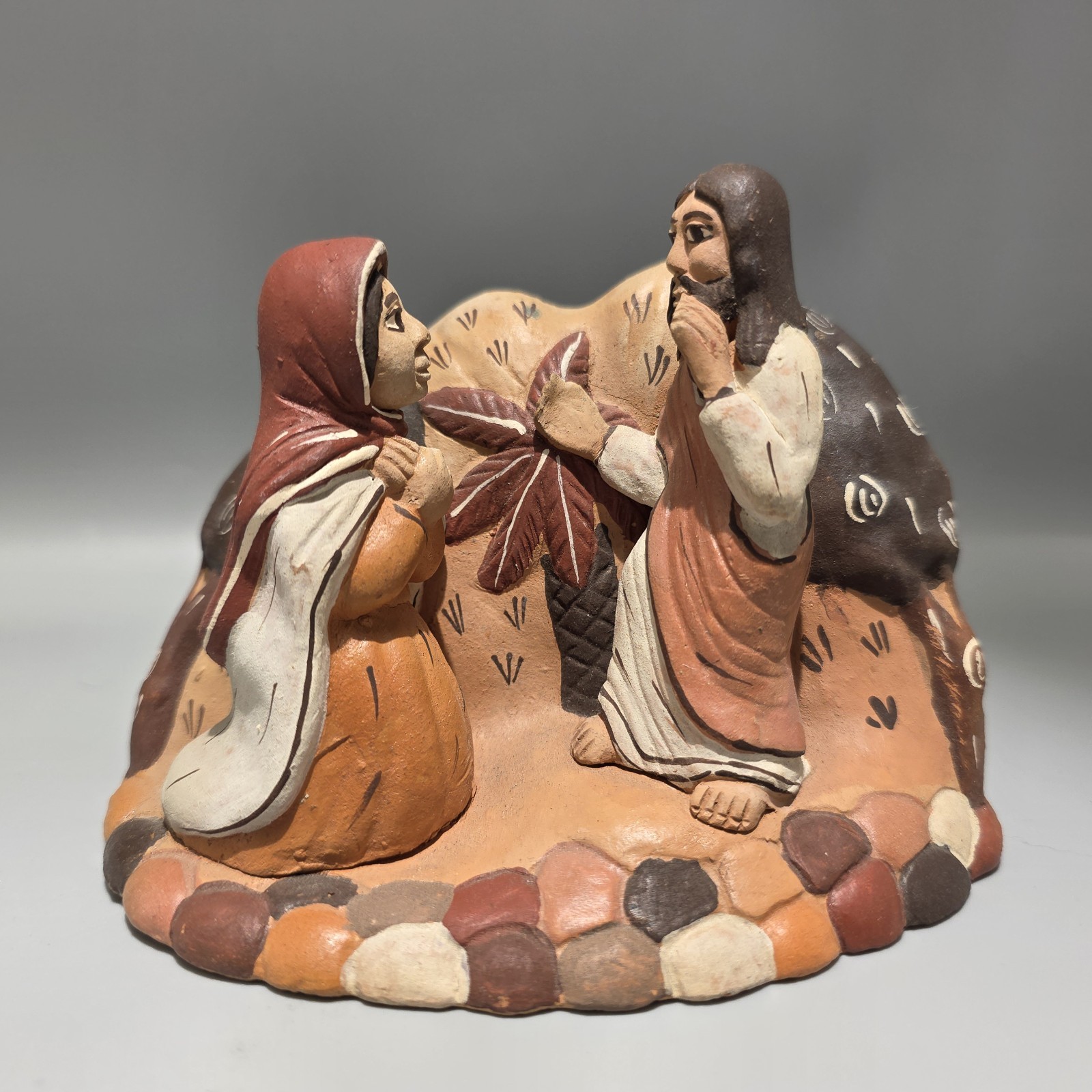 Peruvian Terra Cotta Clay Folk Art Figurine Jesus with Woman Religious Pottery