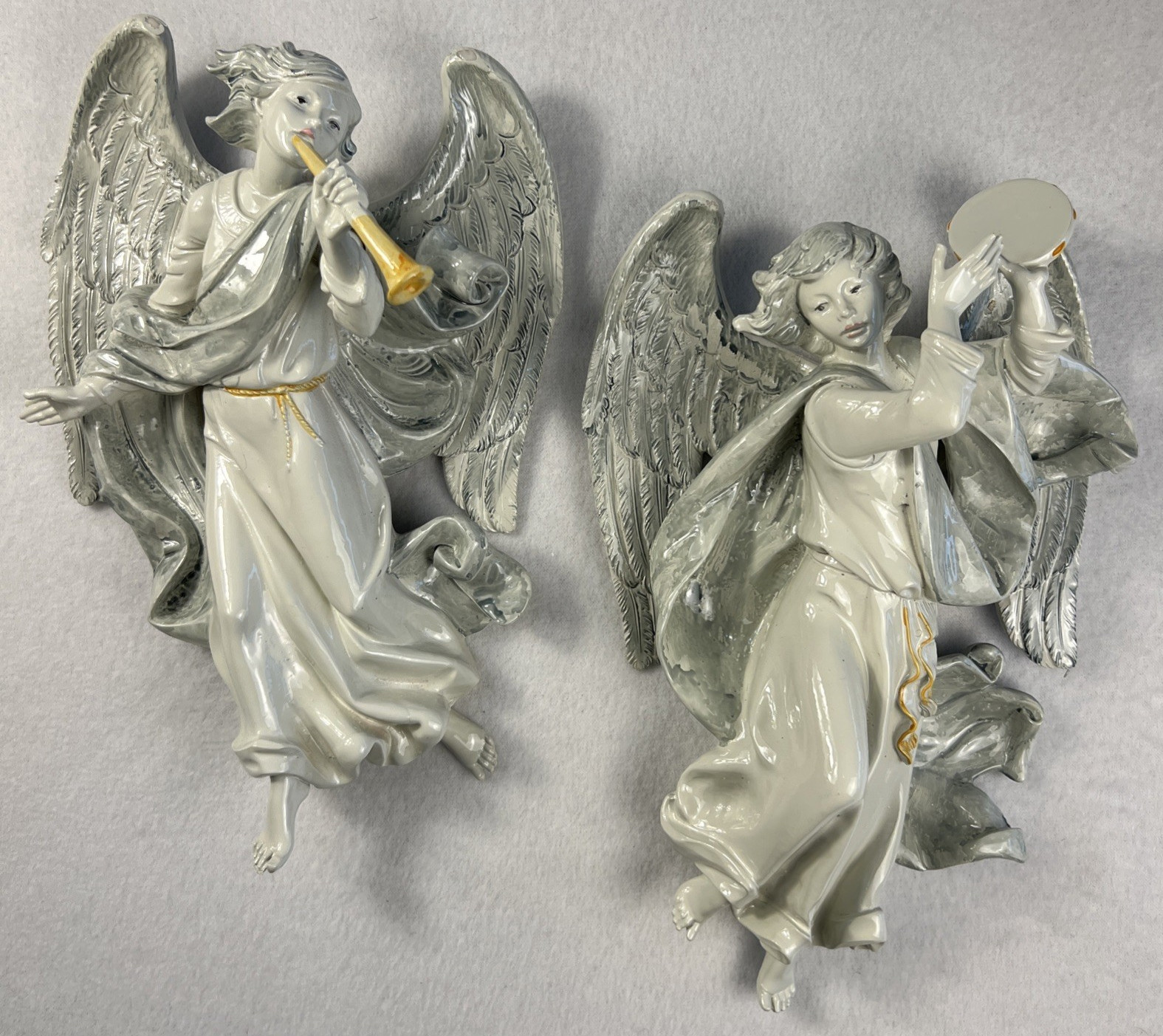 Vtg Italian Made Angels Set of 2 With Hanger Resin Composite Playing Instruments