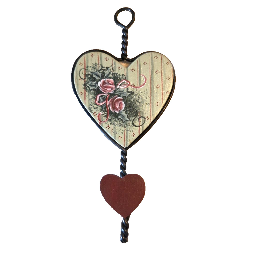 Red Roses on Hanging Heart Hand Painted Signed Wood w Hook 5″ Vintage 90s