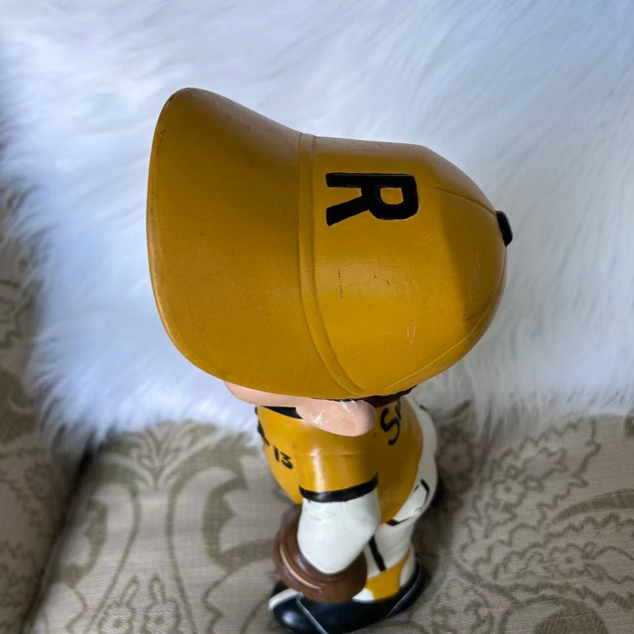 Vintage 1970s Ceramic Baseball Player Statue Figurine Smiley Boy Yellow Uniform