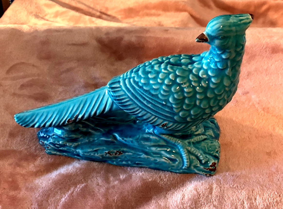 **Large 11″ Ceramic Table Decor~Peacock-Quail Figurine~Turquoise Blue**