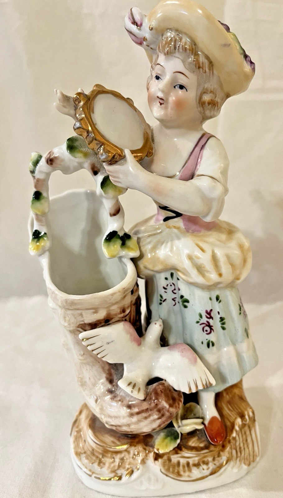 Antique Porcelain Figure Rococo Style Lady with Tambourine and Cornucopia, Bird