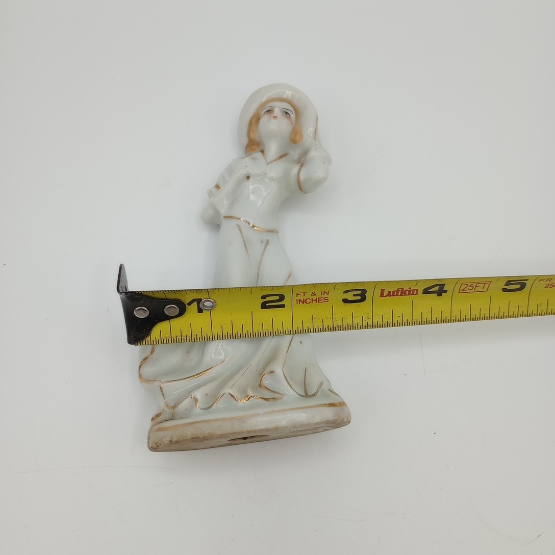Vintage Woman Porcelain Figurines White Gold Occupied Japan Dress Hat 4.75 Inch