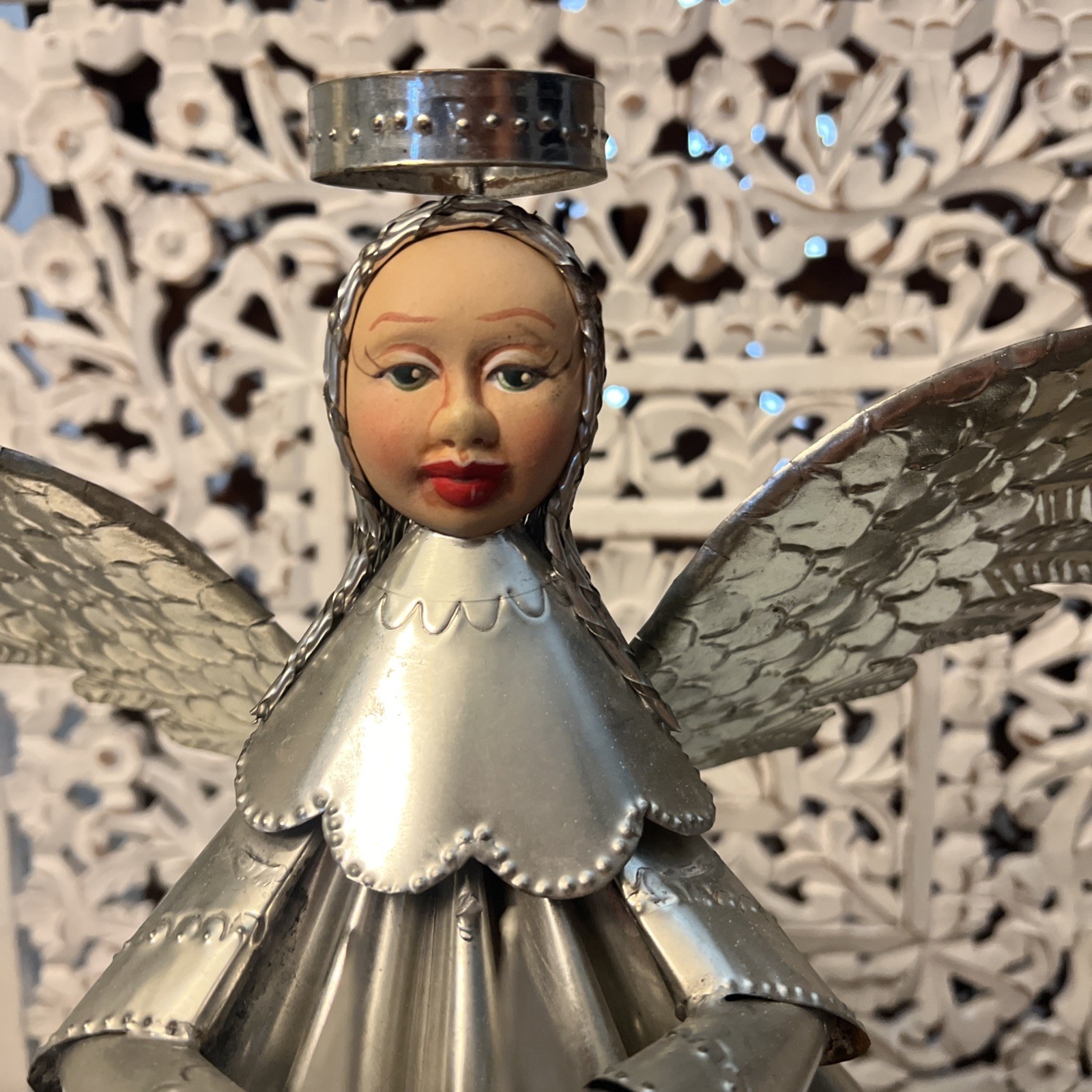 Vintage Mexican Folk Art Tin Angel with Hand Painted Face Wings 13×20 Figure