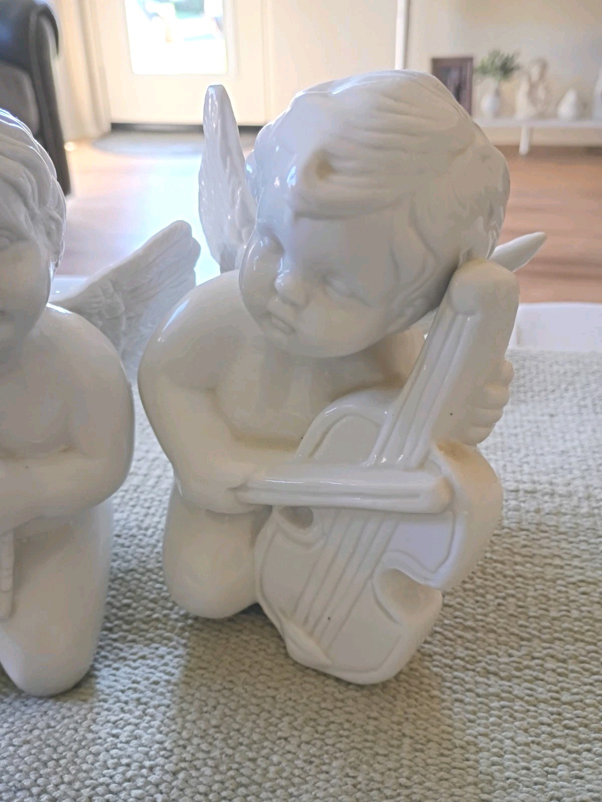 Kneeling Angel Cherub Porcelain Pair Instrumental Figurines White Glossy