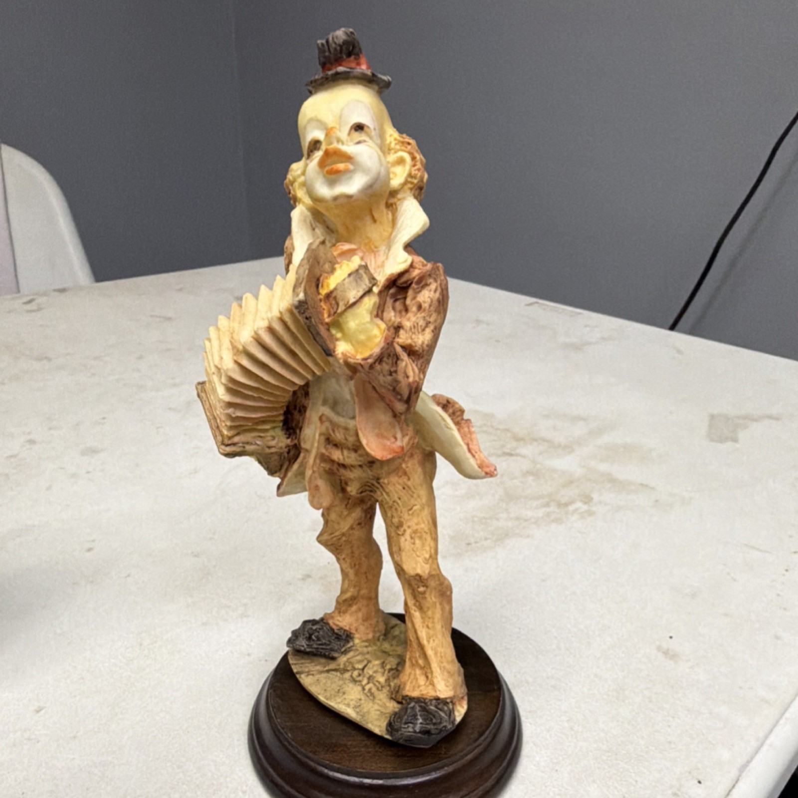 Clown Circus Figurine Accordion Painted Wood Base Brown Beige Red Made in Taiwan