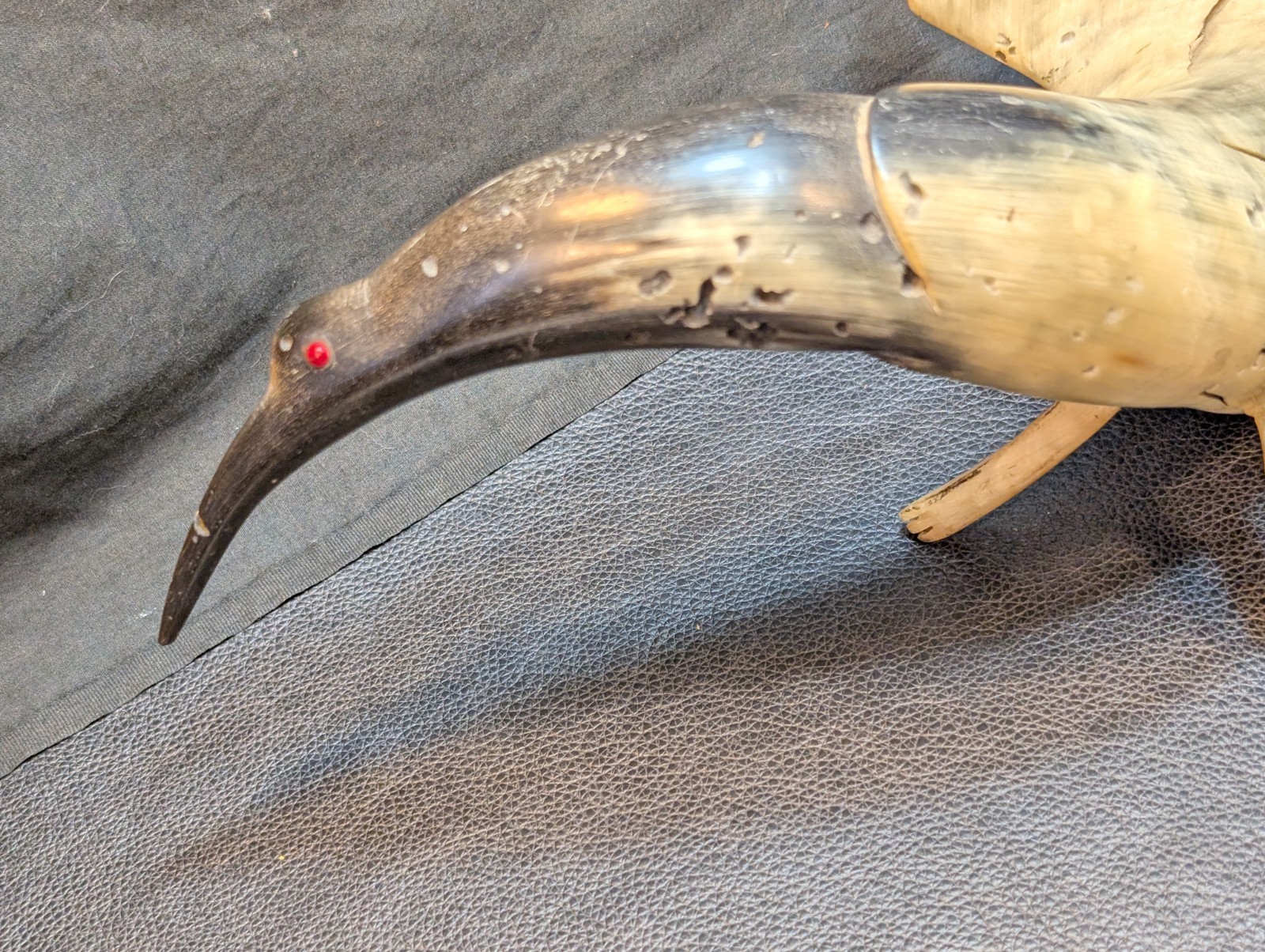 Folk Art Ox/Steer Horn Bird Mid Century Hand Carved Large 13.5in Horn
