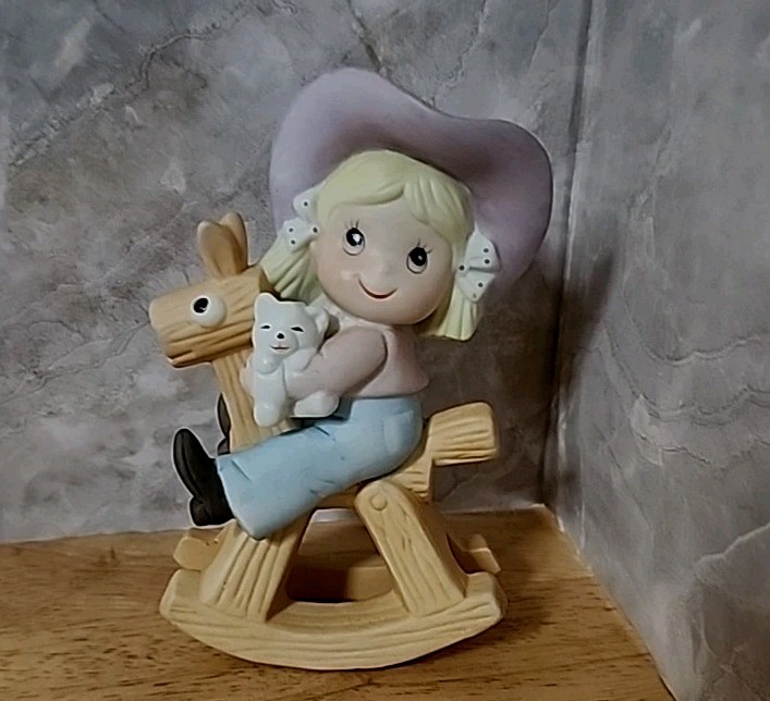 Vintage Homco Cowgirl on Rocking Horse 5.5 Inches Tall Figurine #1417