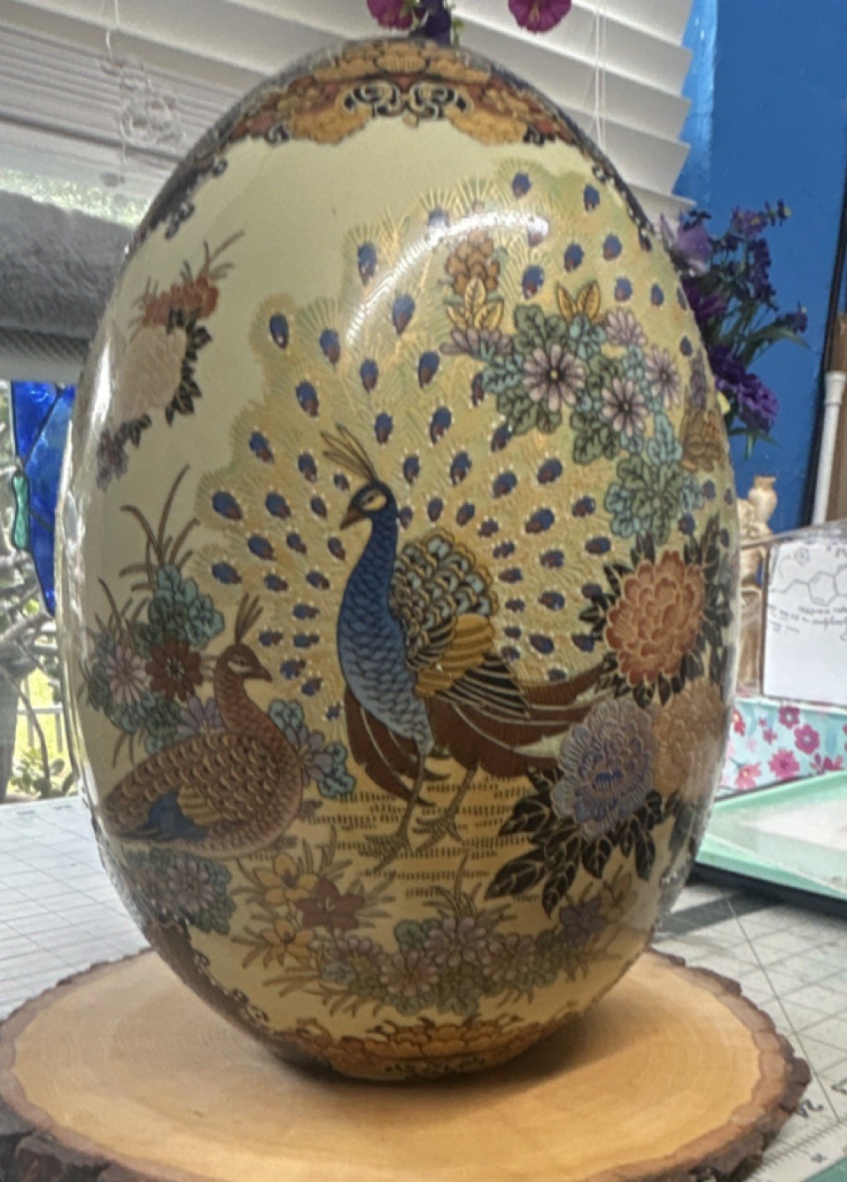 Hand-Painted Ceramic Decorative Egg Peacock & Floral Design Large 13 in