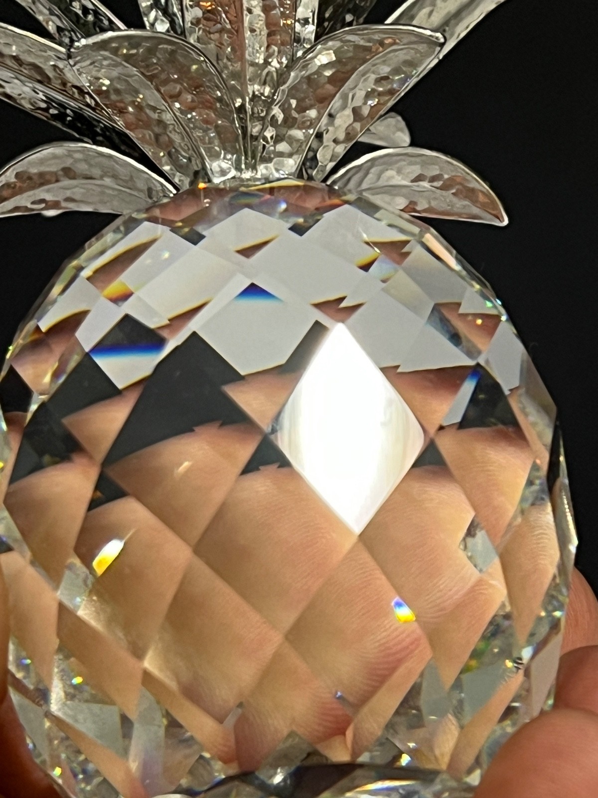 SWAROVSKI CRYSTAL SPARKLING FRUIT LARGE HAMMERED RHODIUM LEAVES PINEAPPLE