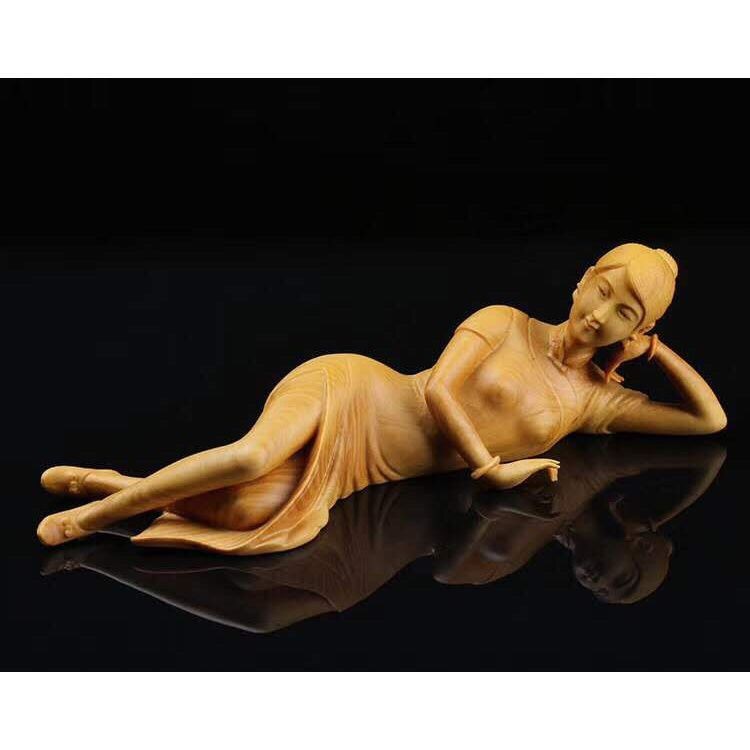 Cypress Boxwood Cheongsam Lady Statue Wooden Beauty Figure Carving