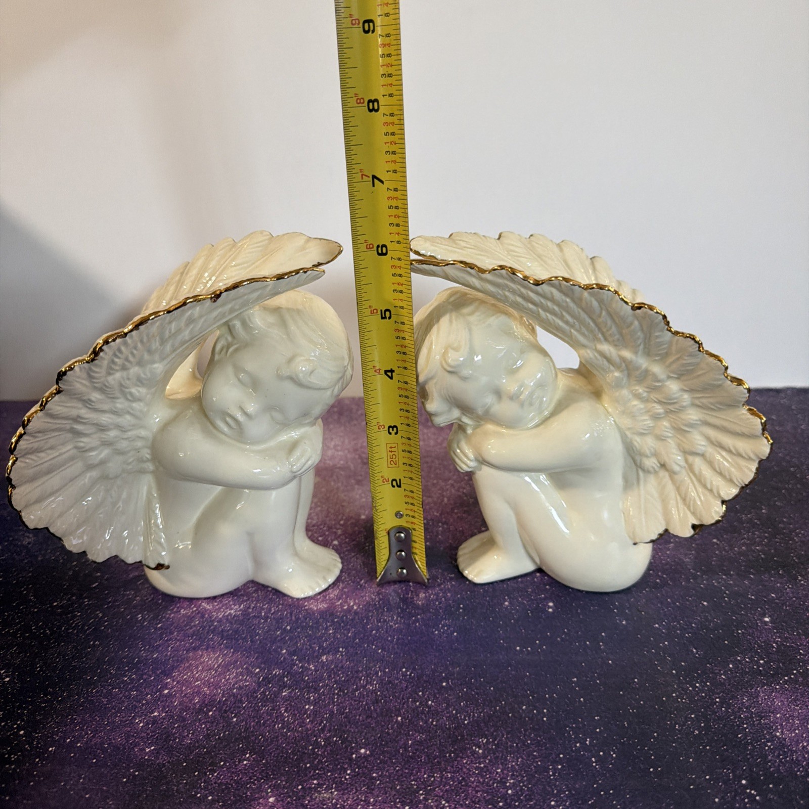 VTG Set Of 2 Porcelain Cream Angel Cherub Wings Gold Trim Table Figurines *READ*