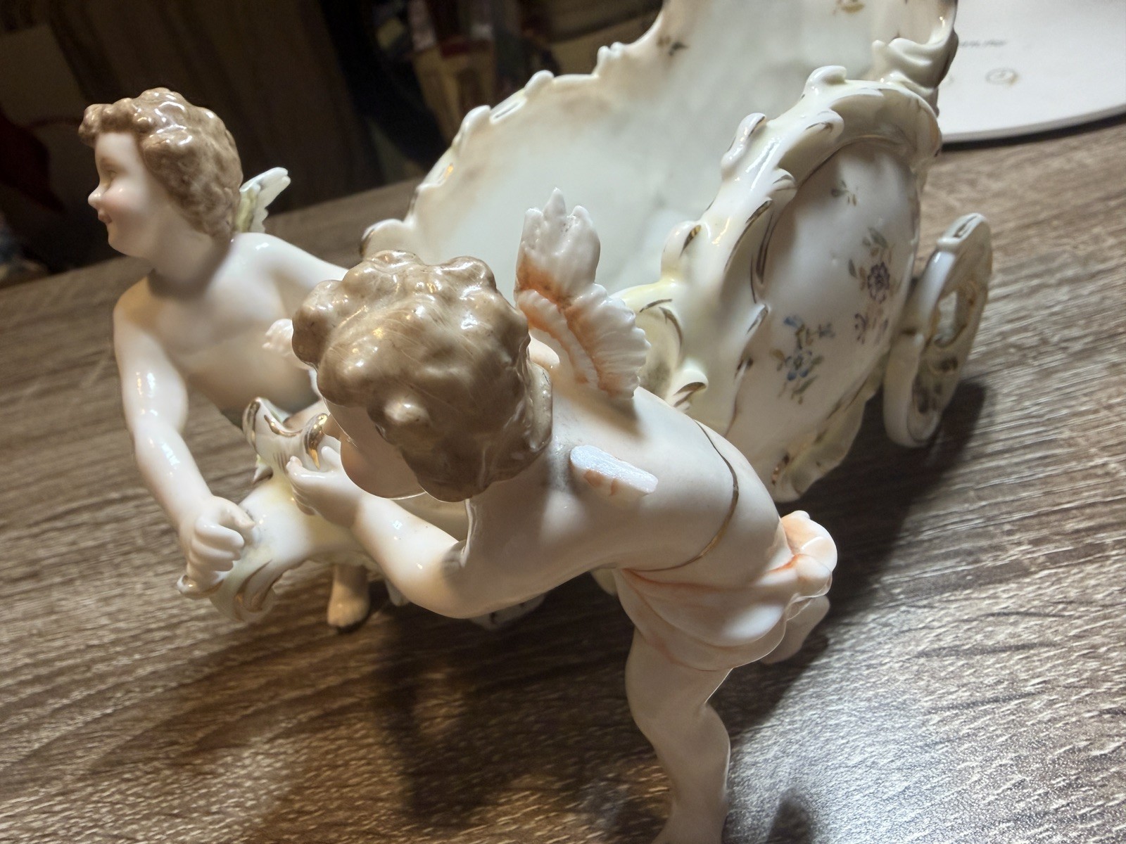Antique Volkstedt Porcelain Cherub on Chariot Triebner Ens Eckert Rococo 1880s