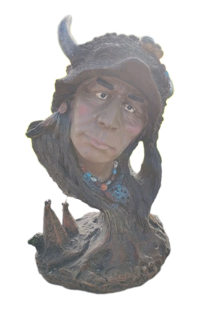 Hand Painted Resin Native American Man Bust Figurine w/ Teepee Base 7 in