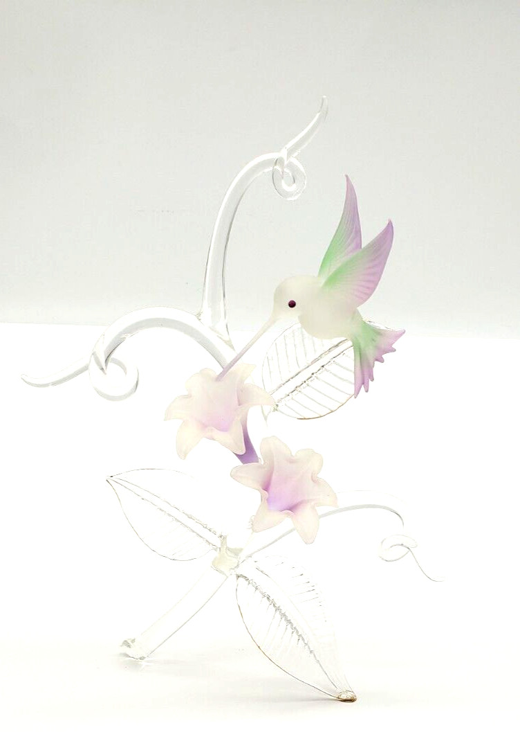 Hand Blown Glass Hummingbird Figurine Gilded Leaf Tips 11″ Tall Frosted Bird