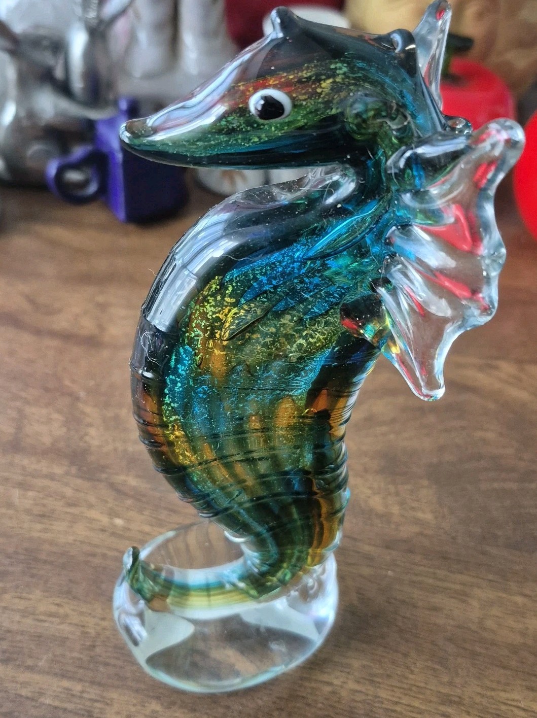 Seahorse Art Glass Figurine Blue Green Yellow 8″ NICE