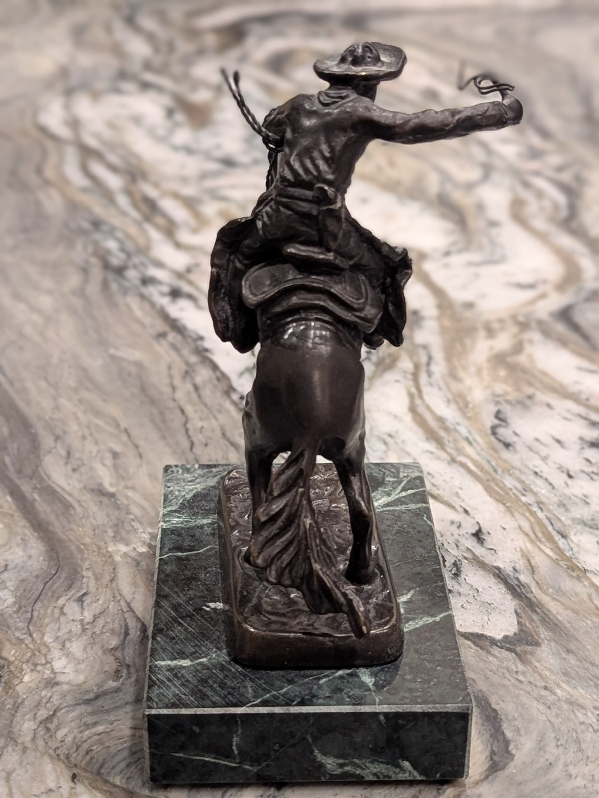 Andrea by Sadek Rearing Horse Cowboy Sculpture Marble Base 6” Bronze