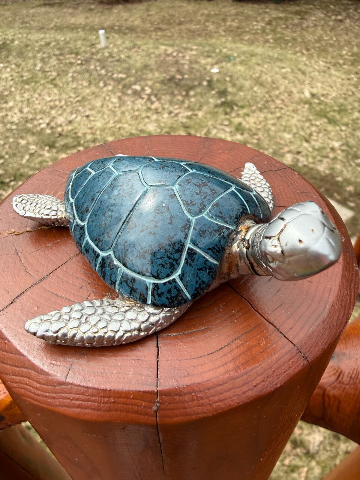 Vintage Sea Turtle Silvertone Metal & Blue Enamel Shell Felt bottom 4.5″