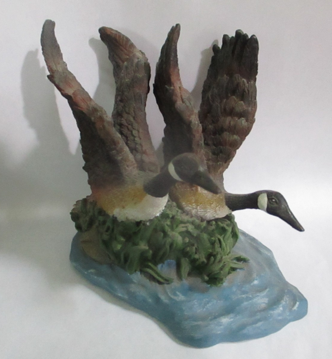 Vintage Resin Canada Geese Pair @ Marsh Scene Wings Ready to Leave Statue