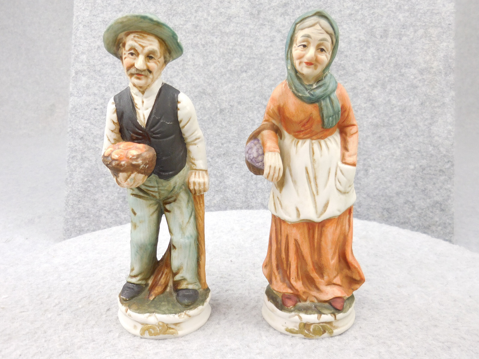 Vintage Two Fine Porcelain Bisque Figurines Old Man And Woman Made In Taiwan