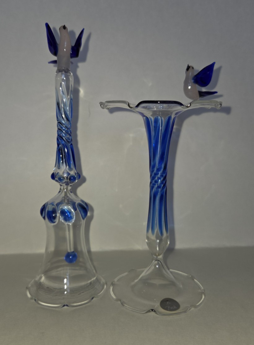 B. Peck Studio Art Glass Set Bell & Vase Bluebird Bird Cobalt Blue Swirl Vintage