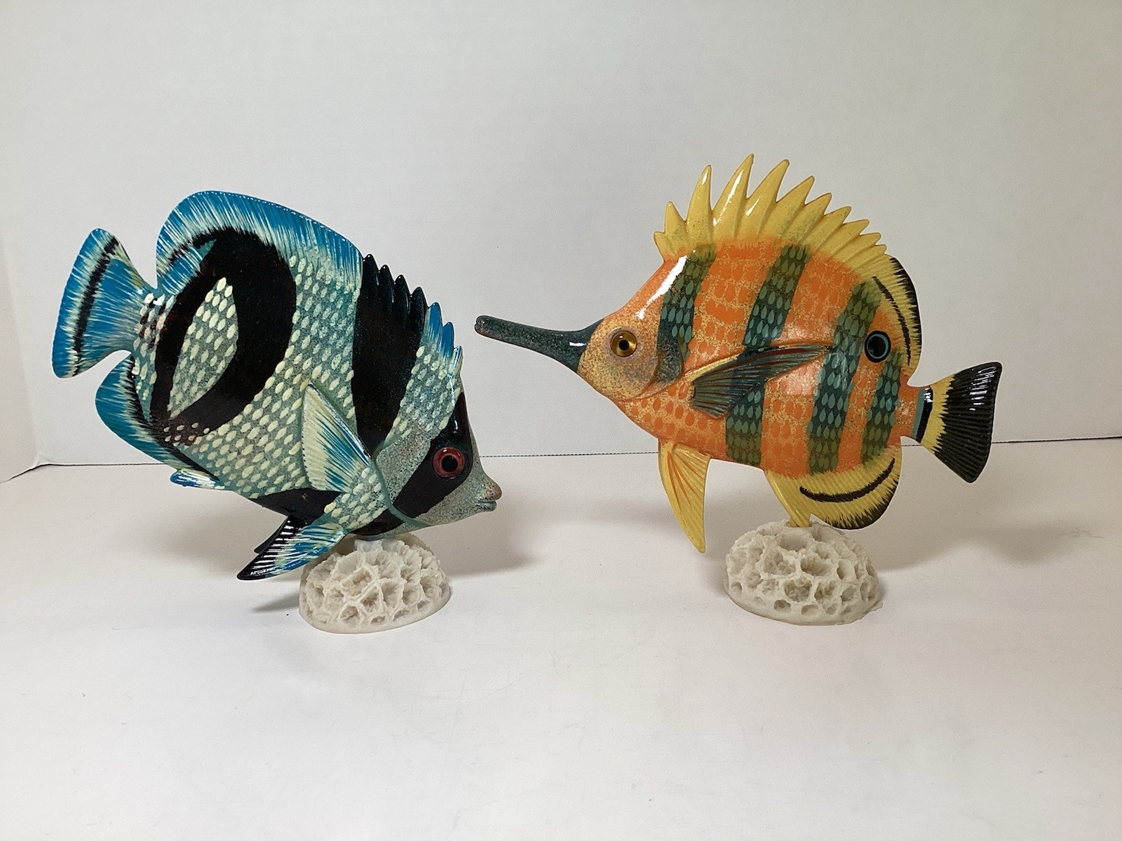 Two Handpainted Tropical Fish Figurines on Faux Coral Stands