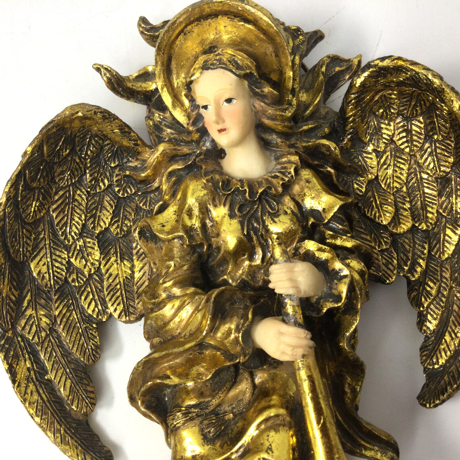 Wall Hanging Figurine Sculpture Angel with Trumpet Resin Gold Leaf Finish 11″ H