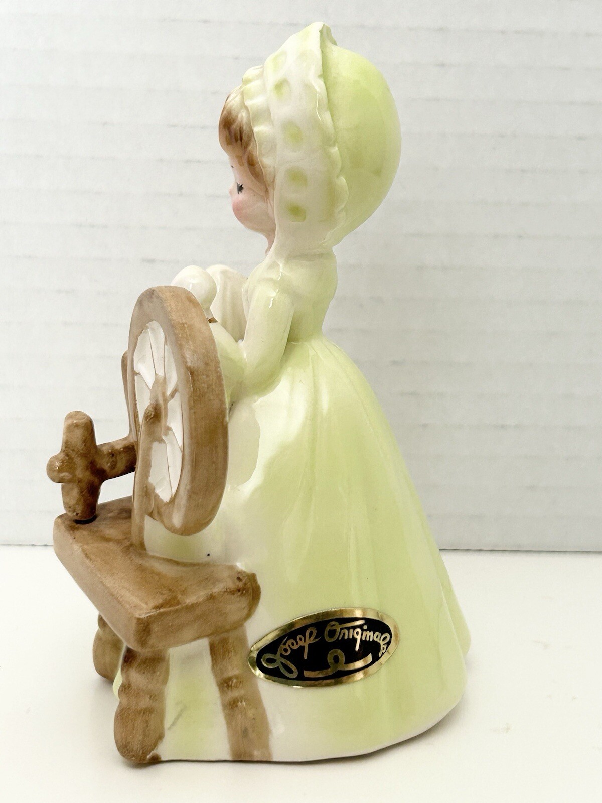 Josef Originals Colonial Days Spinning Wheel Girl Figurine Green Dress