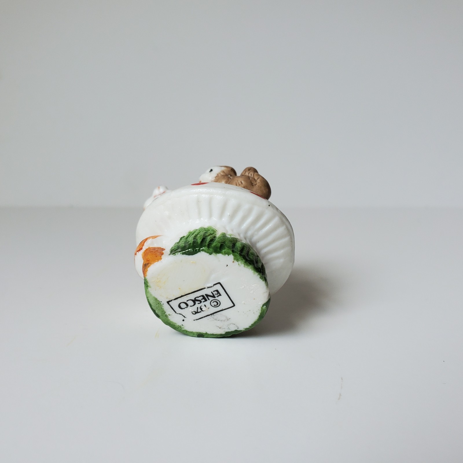 2 Vintage Enesco Figurine Ceramic Mushroom Squirrel And Raccoon 1979 Nature 70s