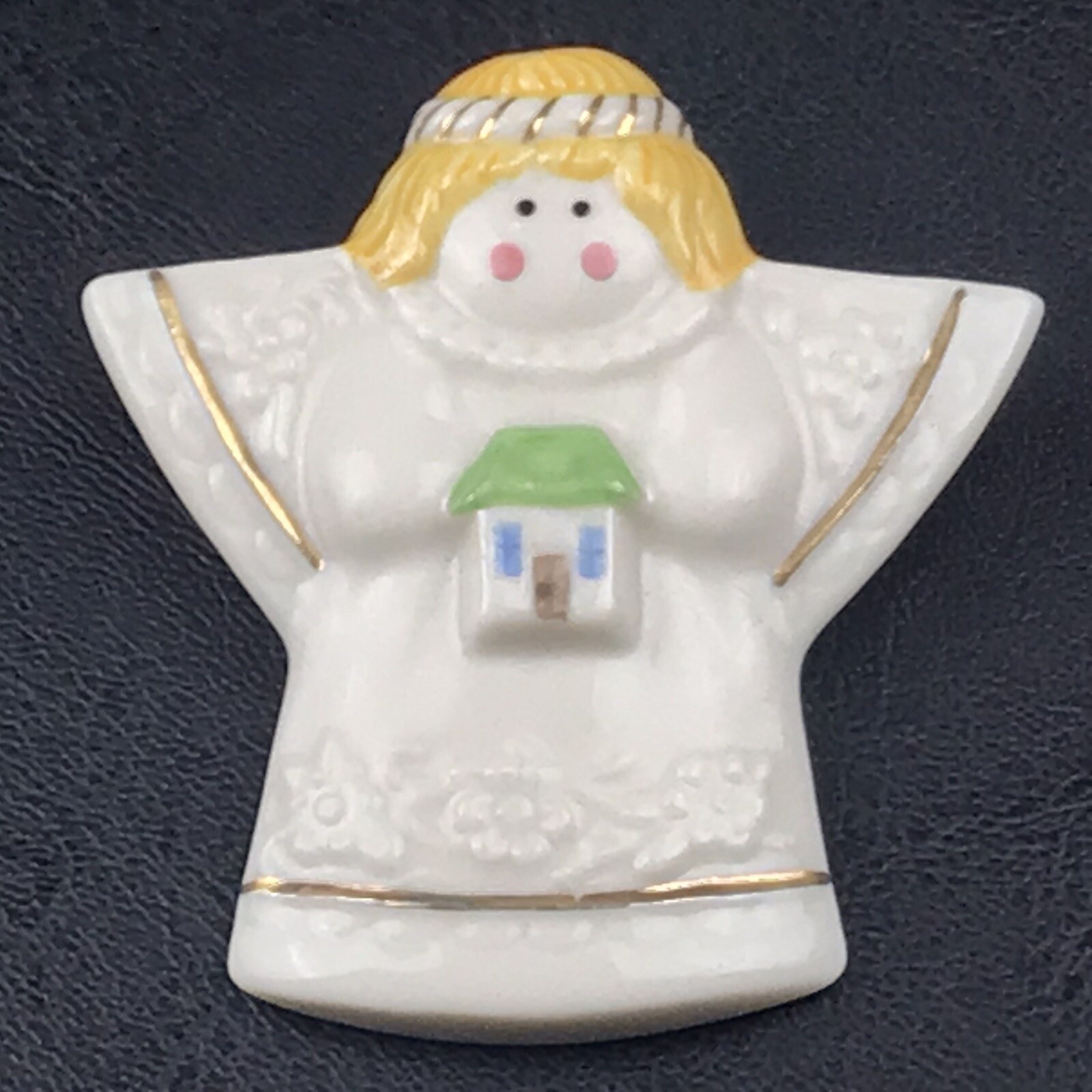 Ceramic Angel Pin Brooch Figurine Holding House White Blonde Gold Accents