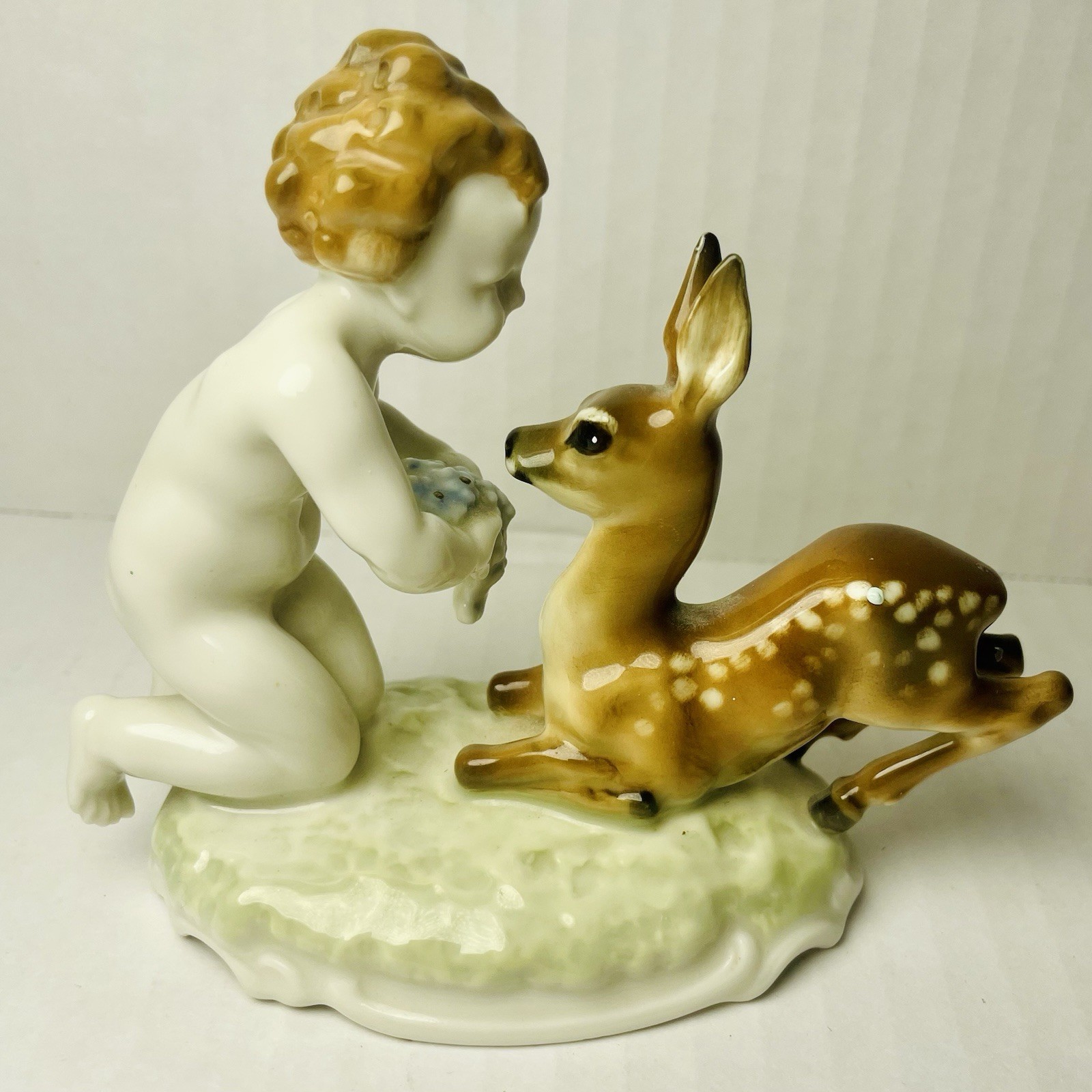 Hutschenreuther Kunstabteilung Cherub w/ Fawn Germany Porcelain Figurine Painted
