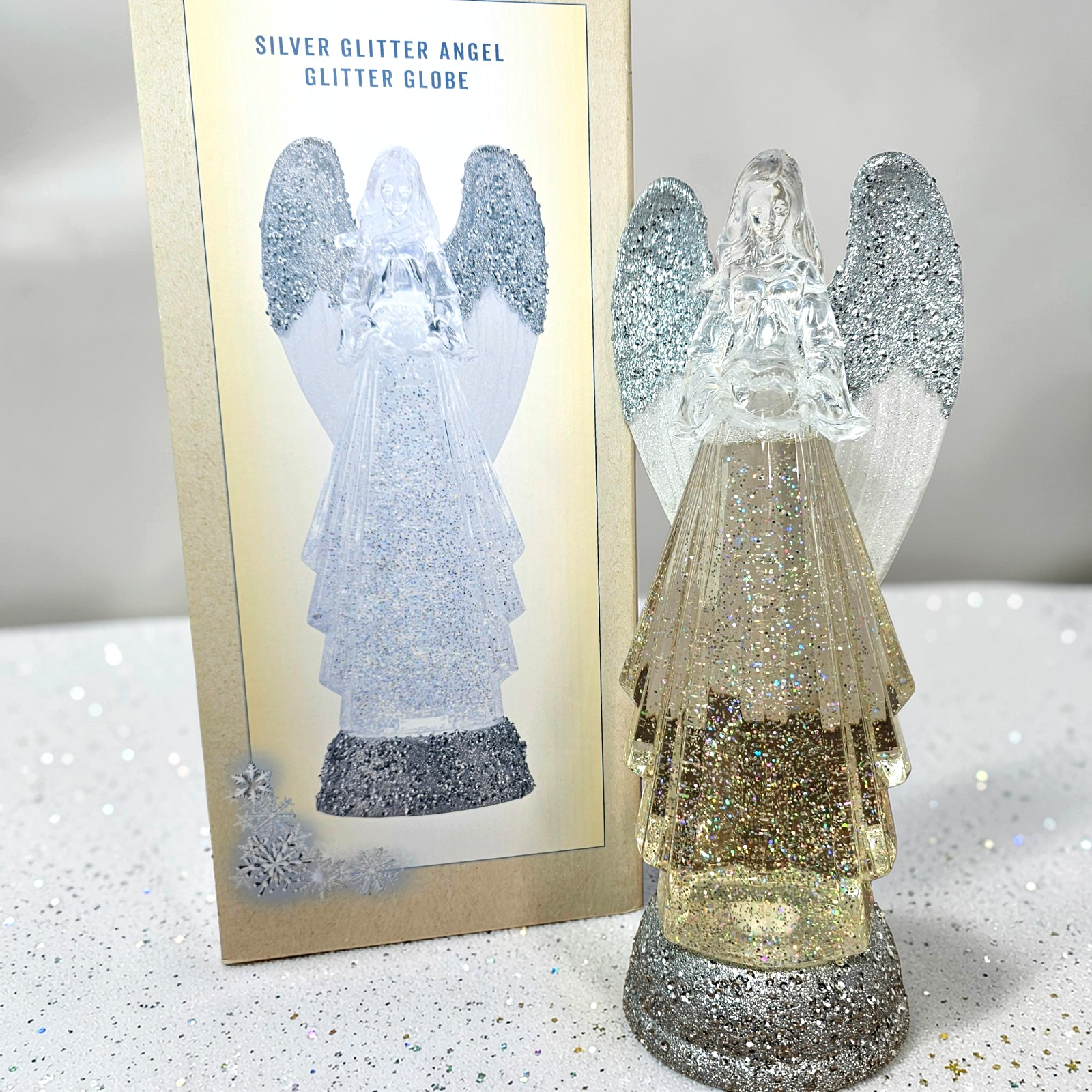 Cracker Barrel Silver Glitter Christmas 13″ Angel Glitter Globe Battery Operated