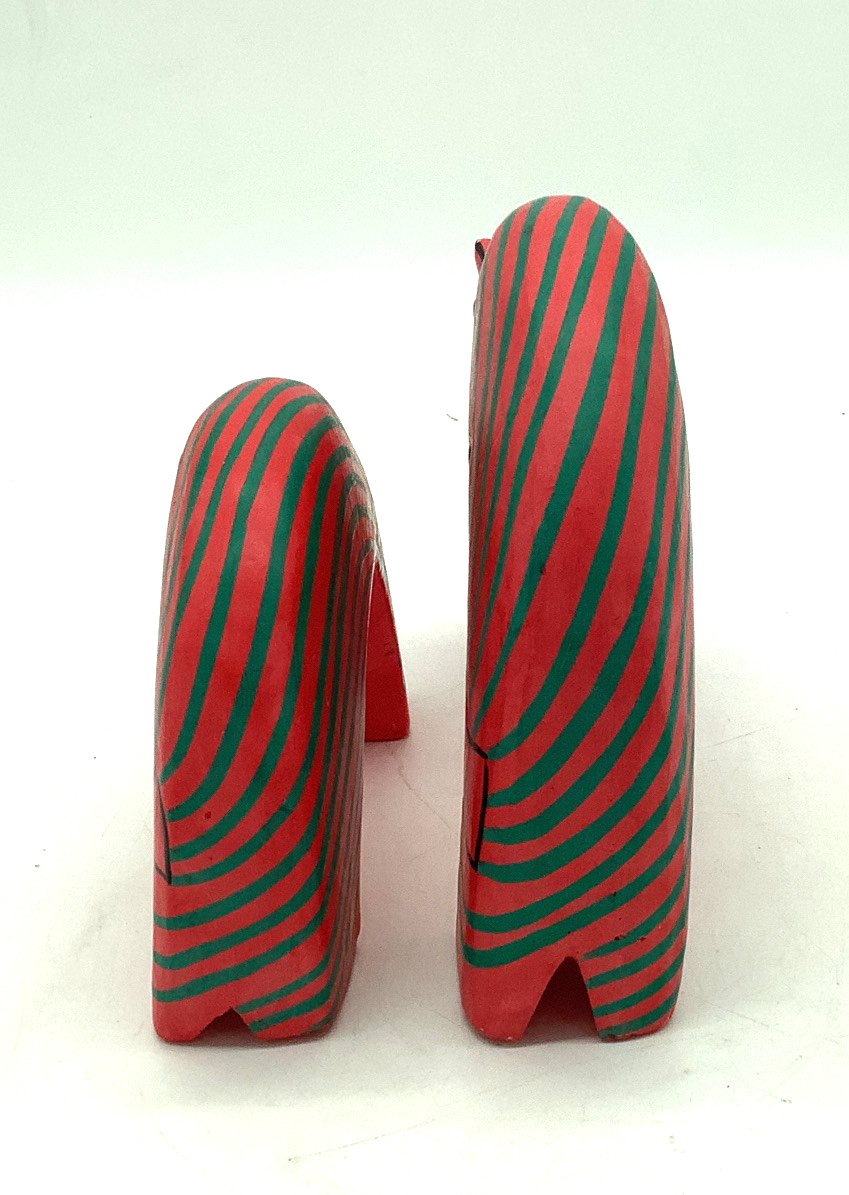 Vintage Laurel Birch Cat Figurines Arched Hand Painted Red with Green Stripes