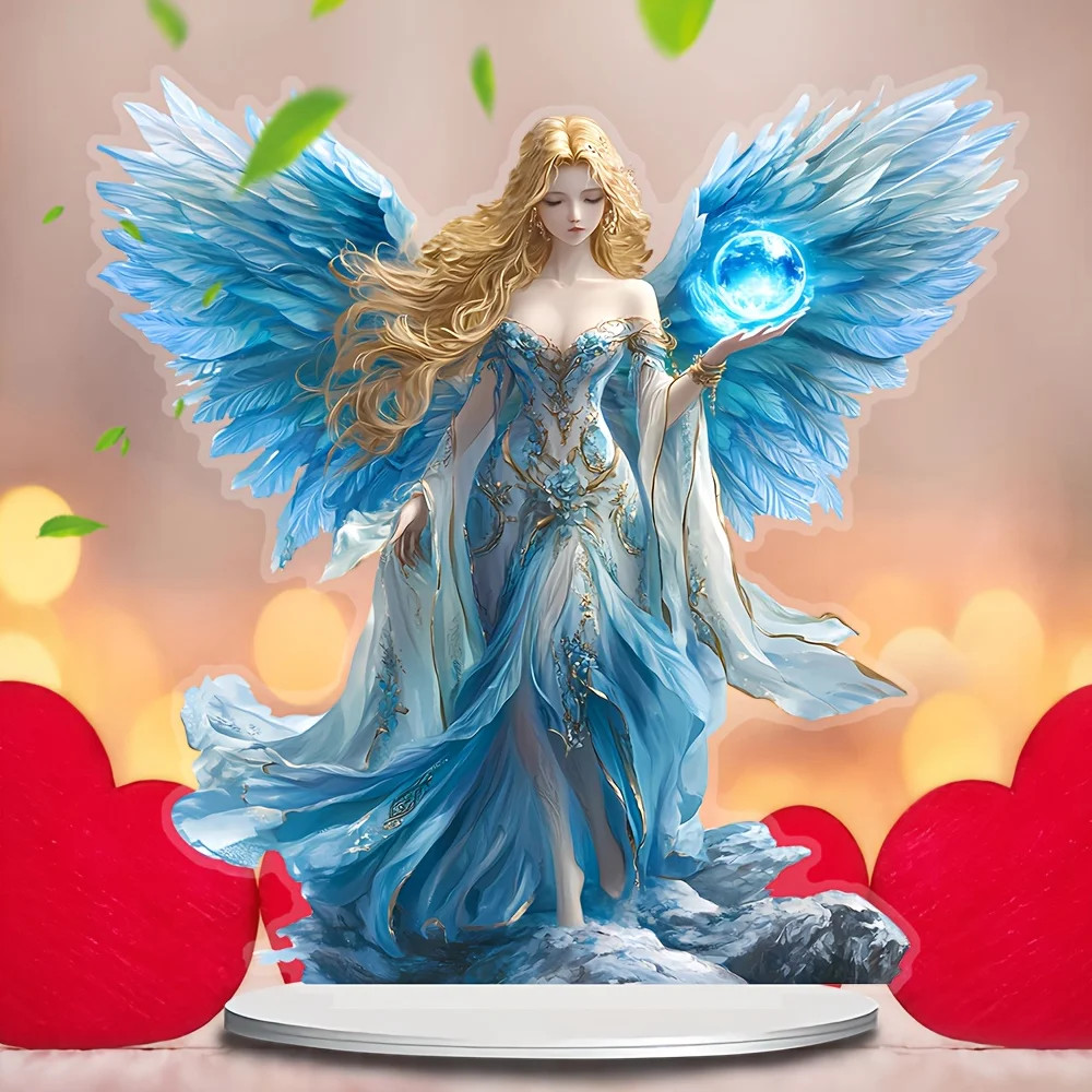 Blue Wing Guardian Angel Statue – Acrylic Desktop Decoration with Bracket