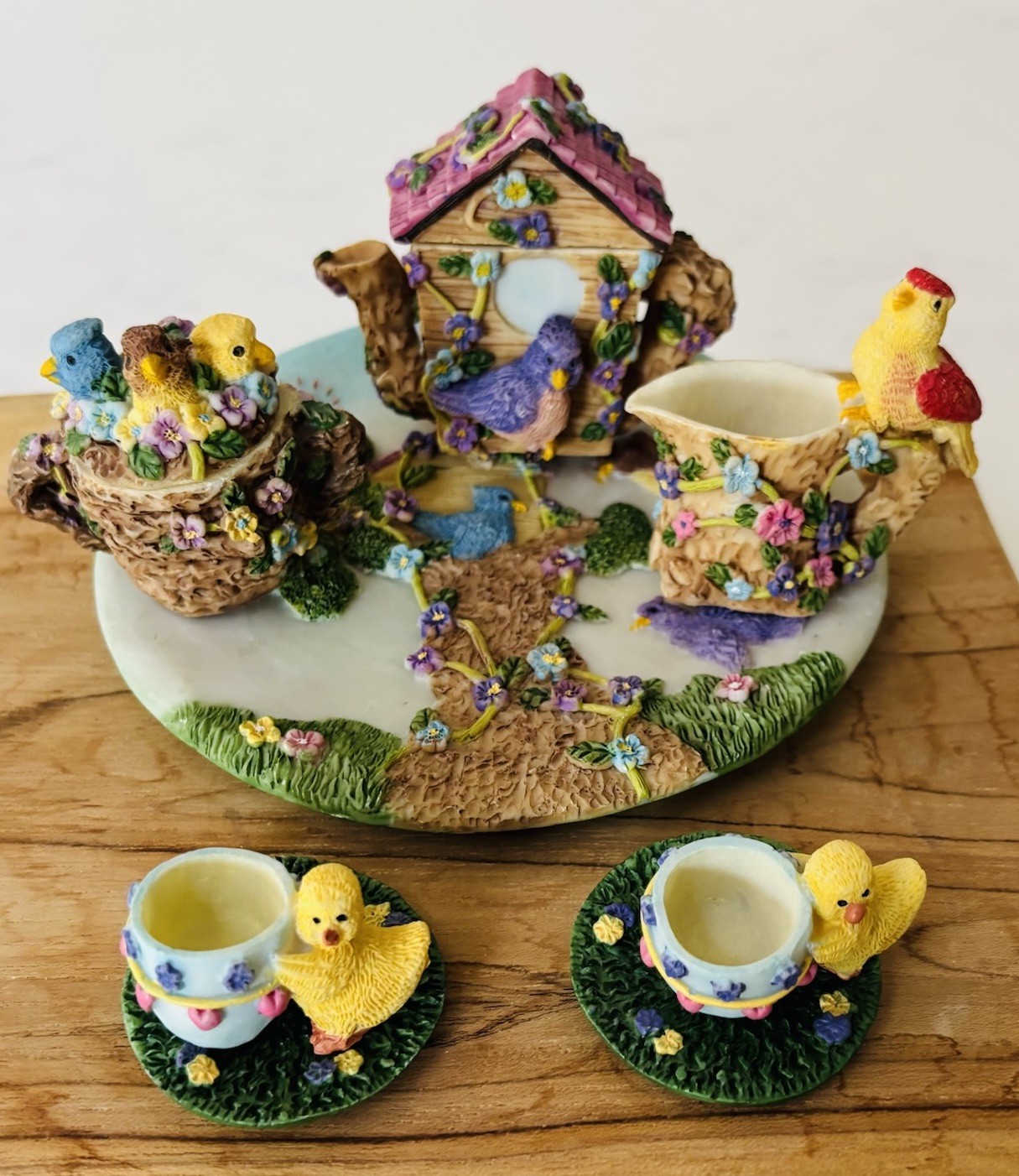 10 Pc Mini Resin Tea Set With Bird House Chicks, Nest, Teapot Adorable Details