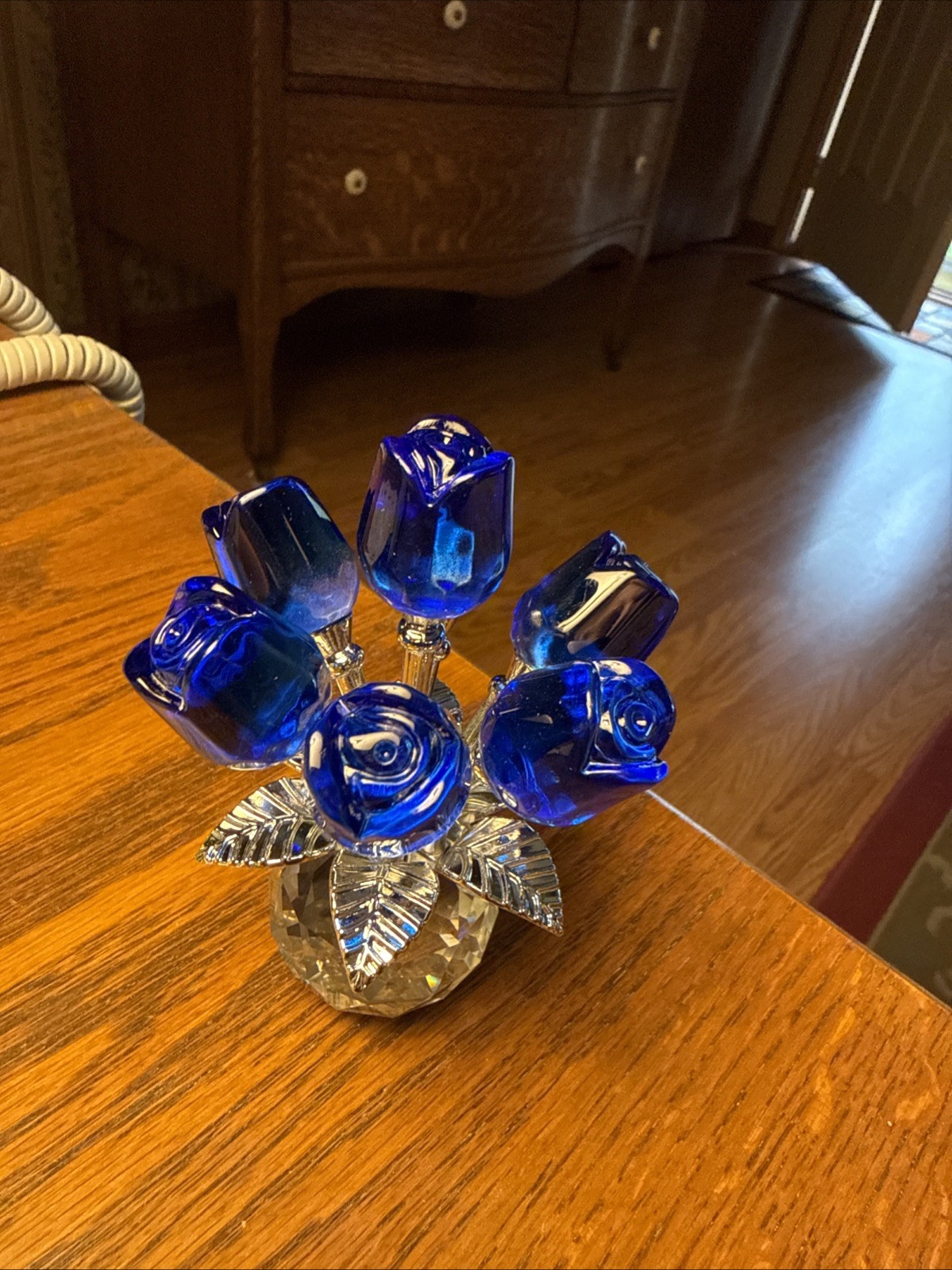 New Handcrafted Blue Roses W/Silver Leaves Crystal Figurine Vase
