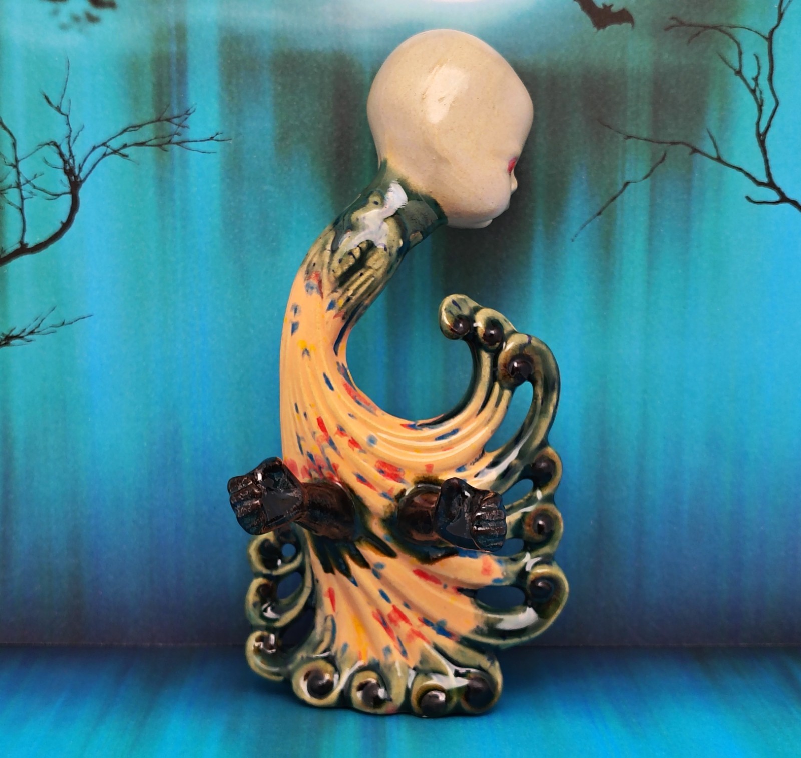 The Peacock’s Last Reach – Handmade Ceramic Figurine Gothic Horror Halloween