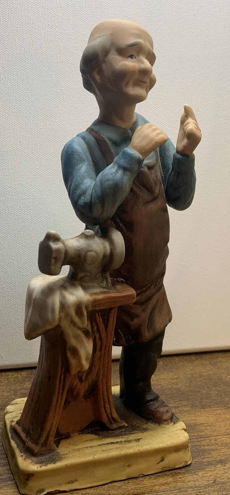 OLD MAN FIGURINE WITH SEWING MACHINE VINTAGE Marked Fine Porcelain