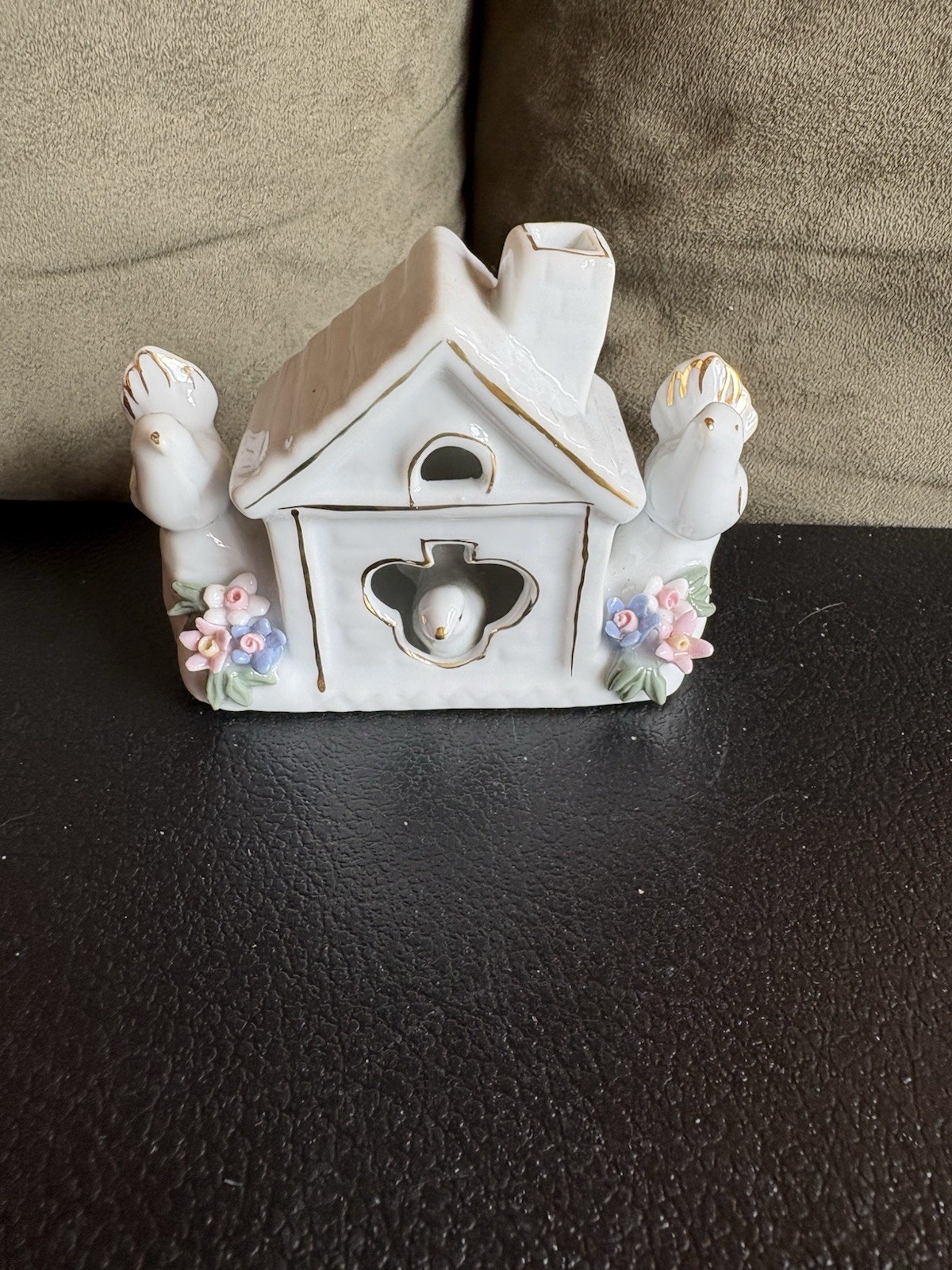 Vintage Porcelain White Birdhouse With Doves With Pink And Blue Flowers