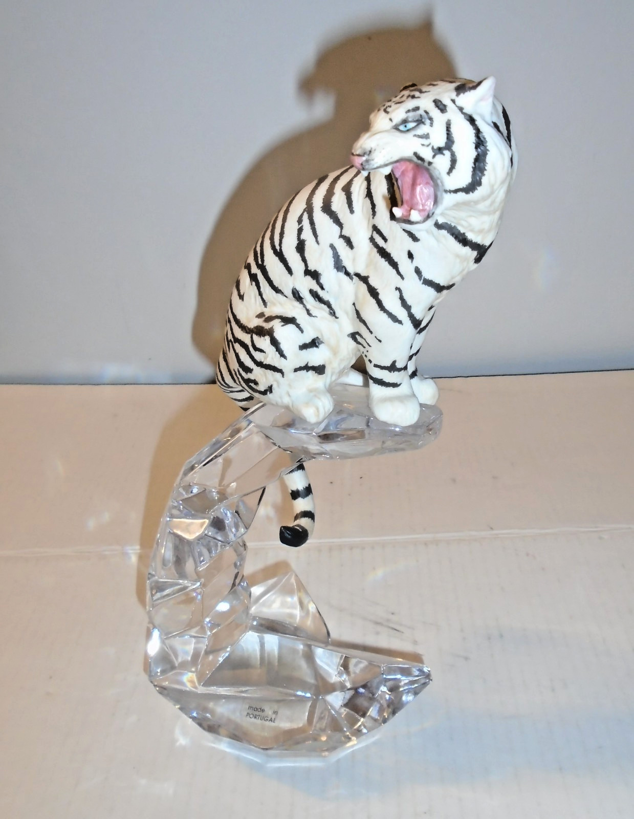 Franklin Mint Porcelain White Tiger On Crystal, 11 1/2″ Tall