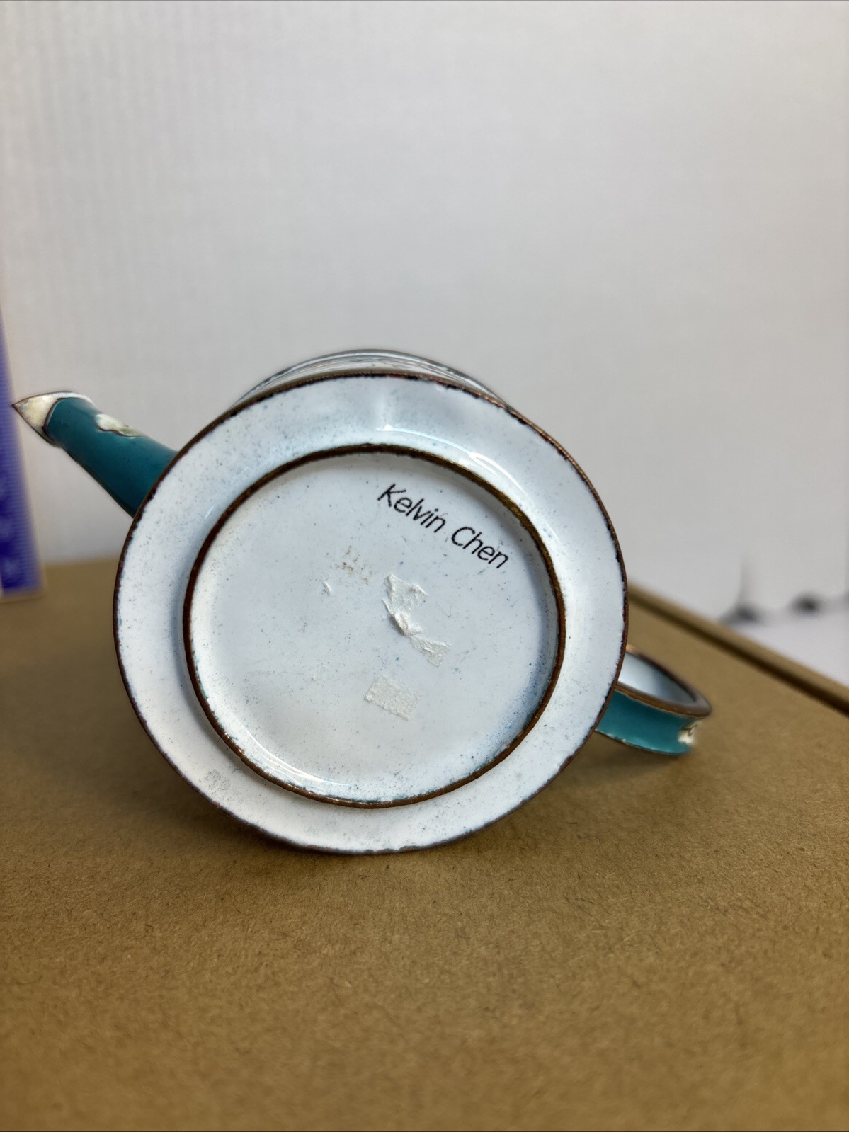 VTG 1999 Kelvin Chen Mini Hand Painted Enamel Teapot Frogs Santa Hat Turquoise