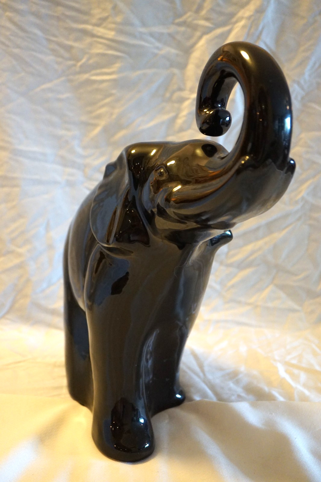 HAEGER LARGE CERAMIC SHINY BLACK ELEPHANT STATUE 17″ TRUNK UP #450