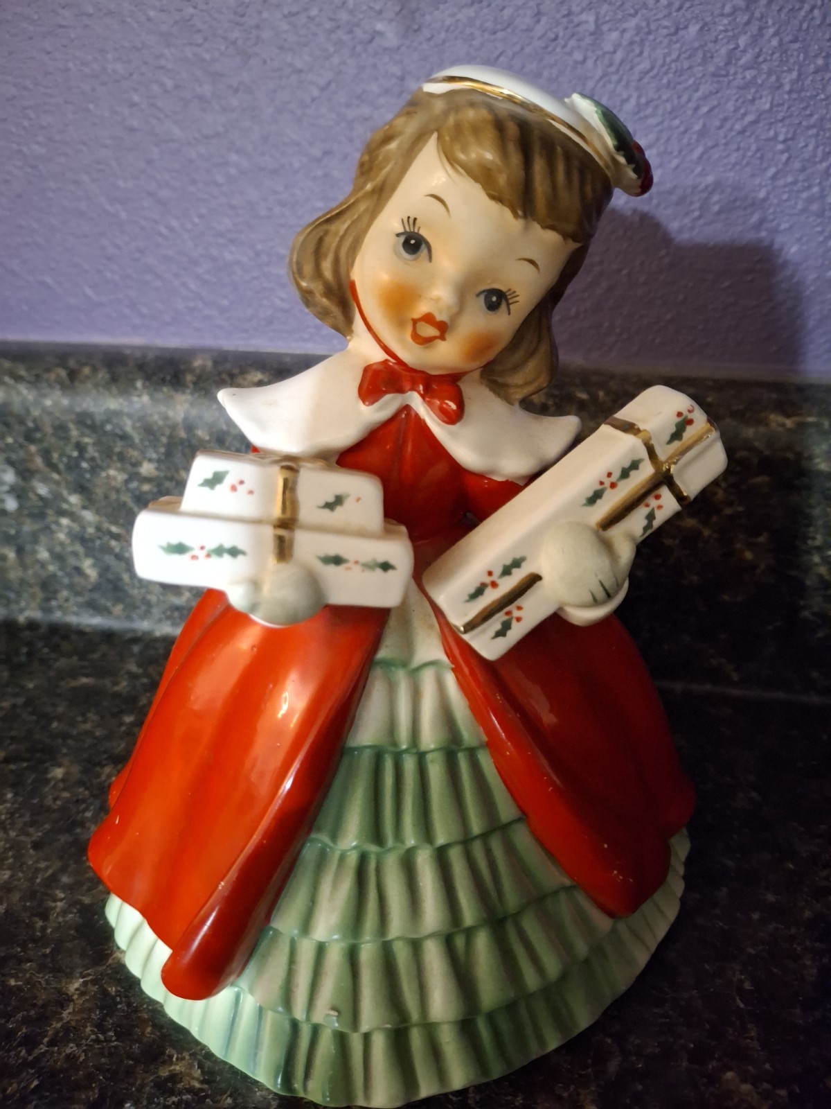 Napco Christmas Girl Shopper. Japan 1956 with Foil Label and Alphanumeric Code