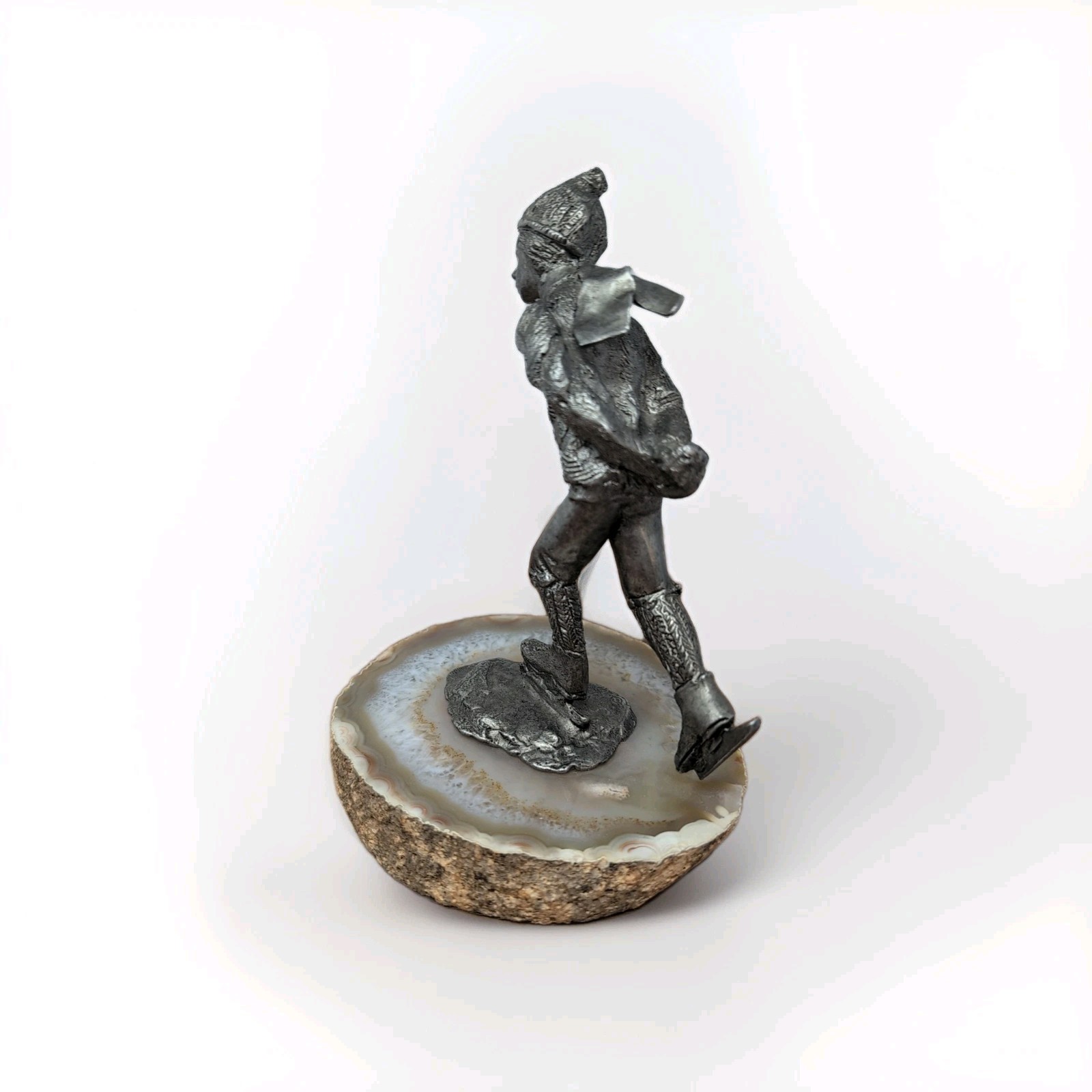 Pewter Figure, Young Boy Skating on a Lake of Banded Agate, Signed/Dated