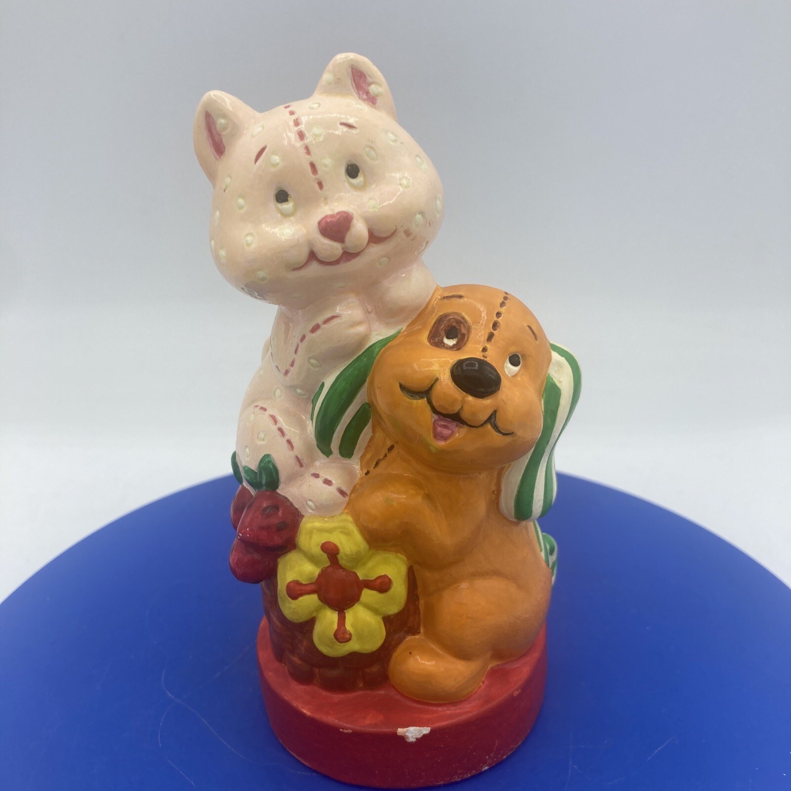 Vtg Strawberry Shortcake Custard Cat Pupcake Dog Chalk Ware Statue Hand Painted