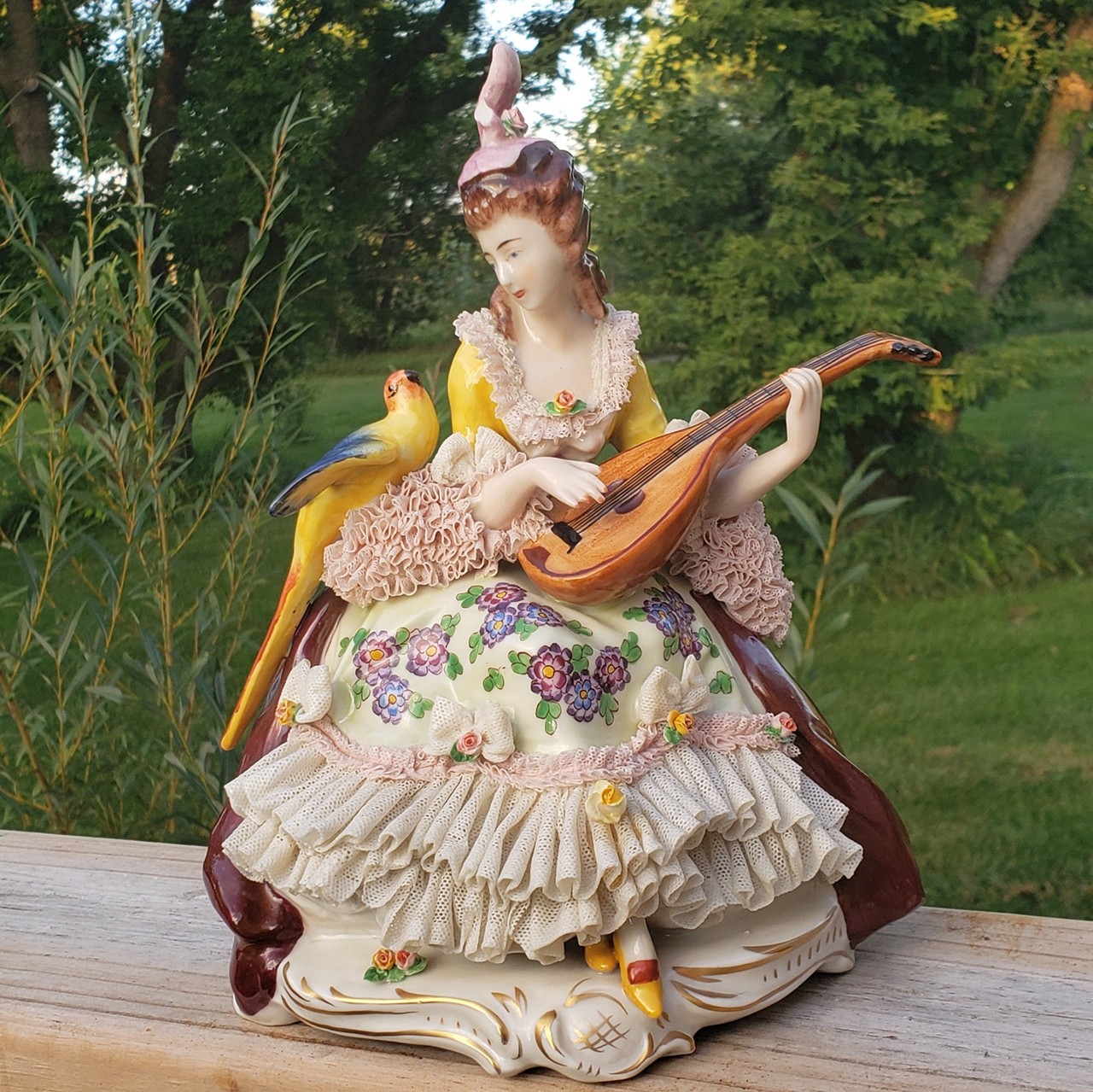 Vtg Dresden Porcelain Lace Woman Lady Parrot Bird Mandolin Figurine 9 5/8″