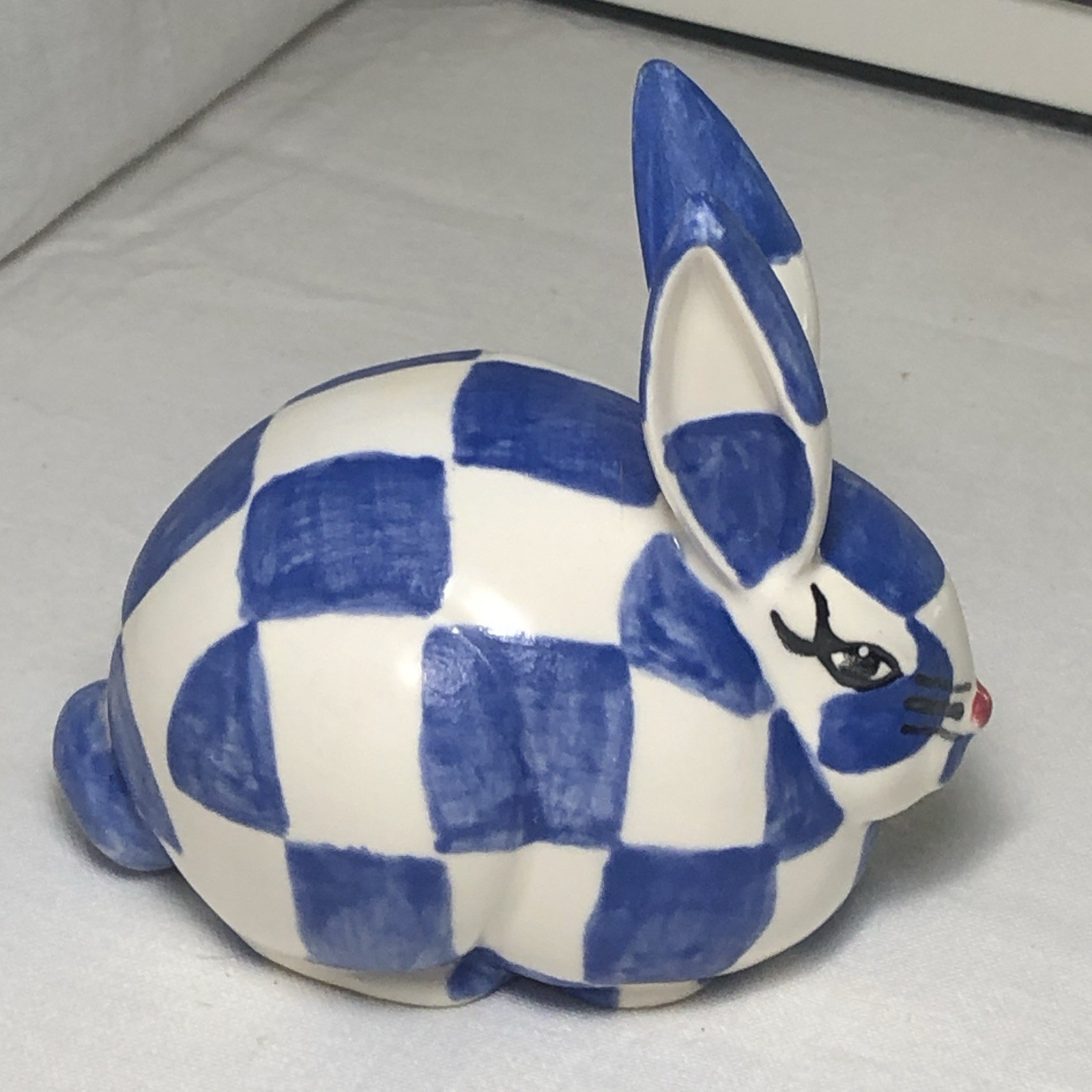 Artist-Made Hand-Painted Blue & White Checkered Porcelain Rabbit Signed Roque
