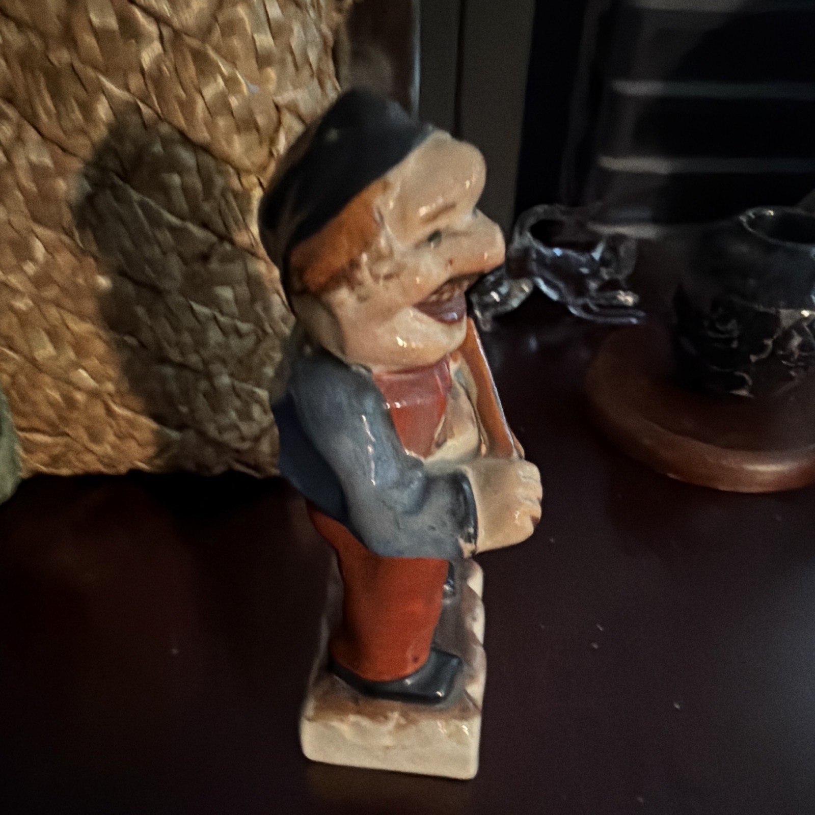 Ceramic Hand Painted Figurine Man with Violin Blue Red Brown Beige People Theme