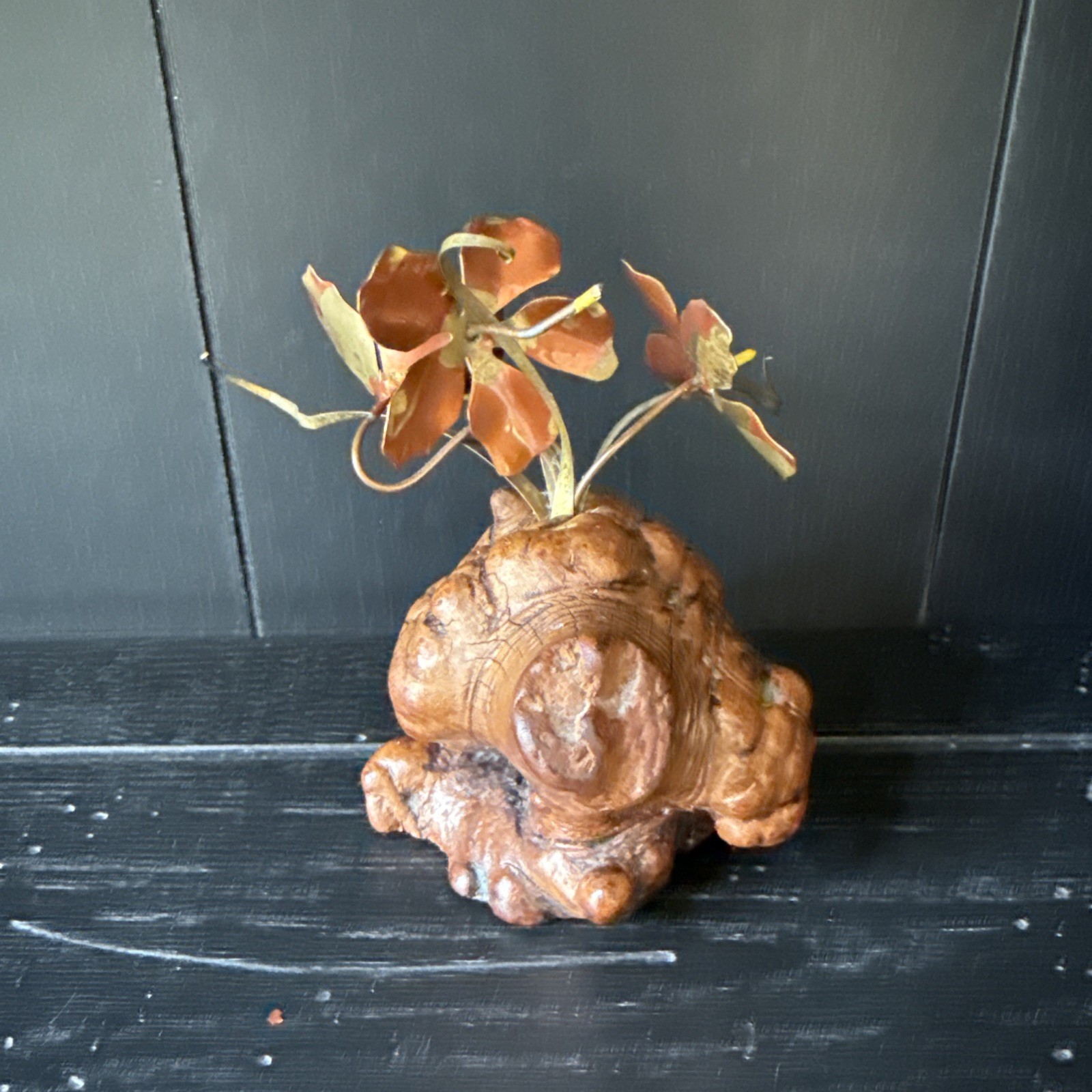 MCM Decor Brass Sculpture Of 3 Flowers on Burl Wood Base 3.5”x5” Display