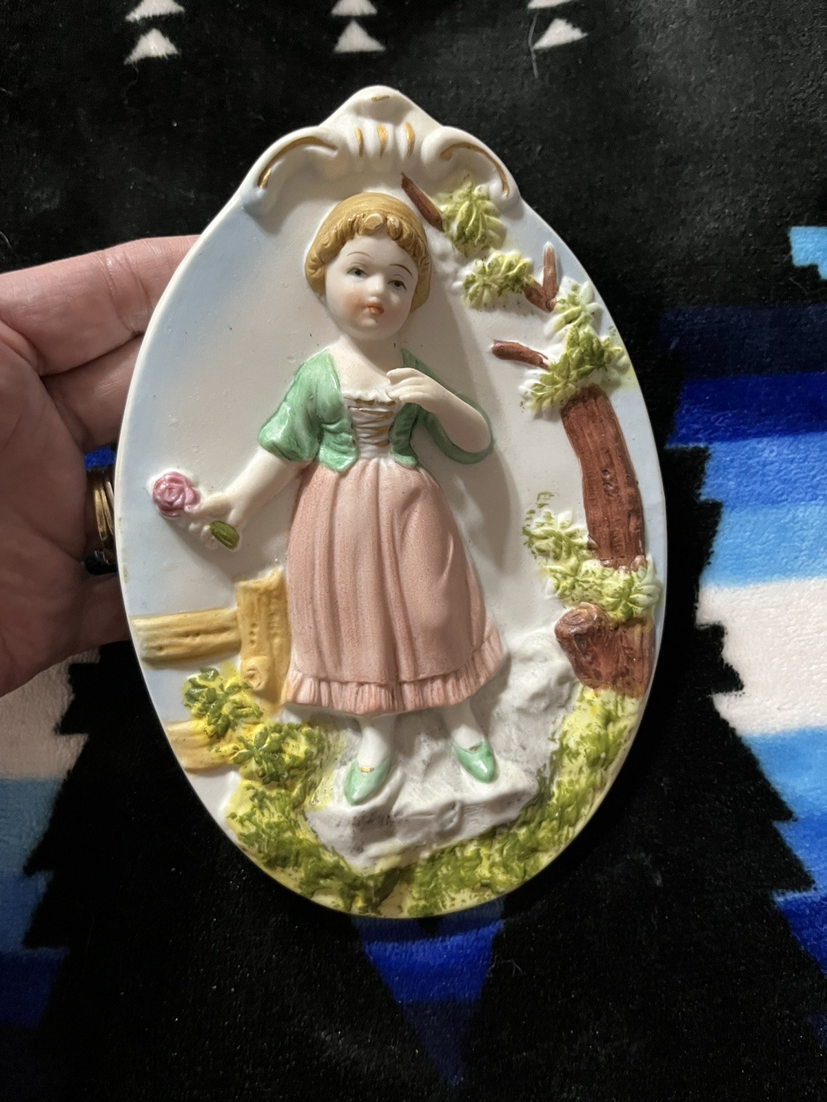 Victorian Wall Plaque By Ardco Girl Bisque Ceramic. Japan Made